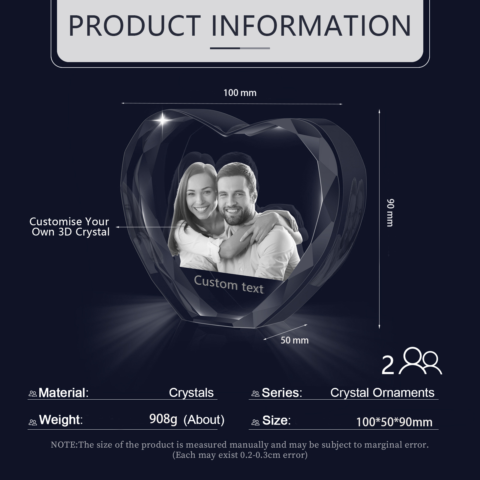 Personalisiertes Doppelporträt & Text 3D-Foto-Acrylkristall Herzform – Perfektes Geschenk für Familie & Freunde & Partner