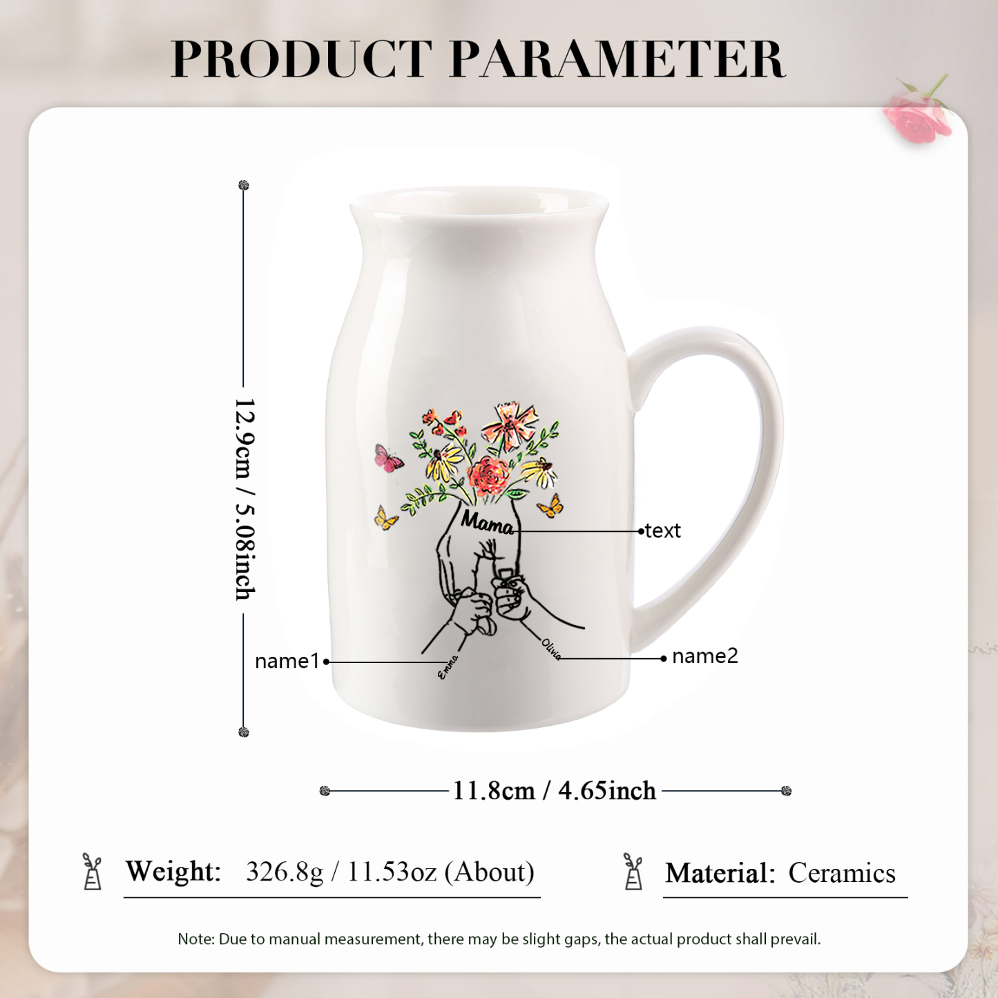 Personalisierte 2 Namen & Text Blumen Hand in Hand Familie Vase Geschenk für Mama Oma 