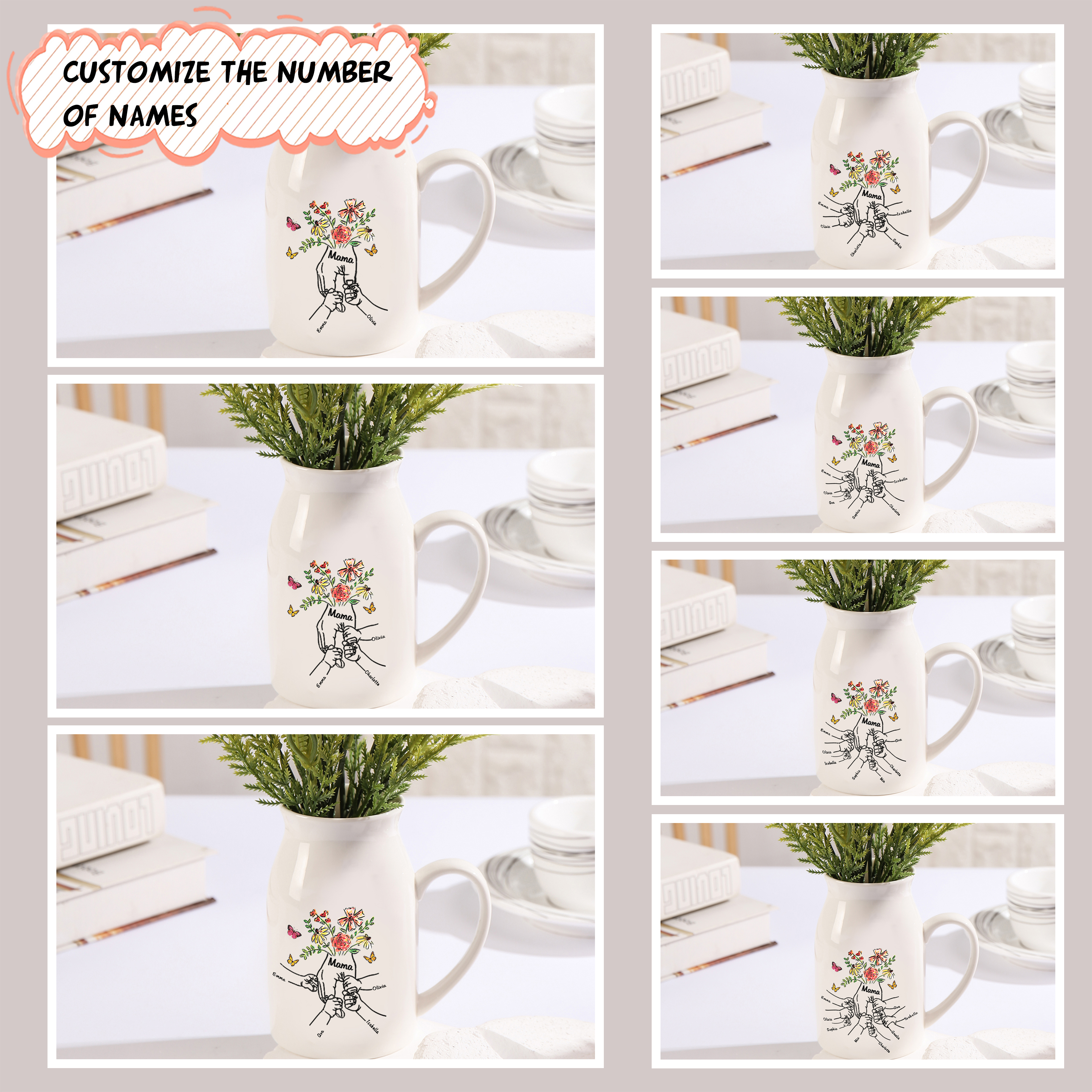 Personalisierte 2 Namen & Text Blumen Hand in Hand Familie Vase Geschenk für Mama Oma 