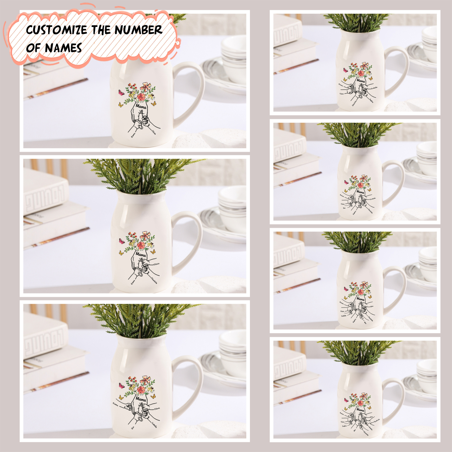 Personalisierte 8 Namen & Text Blumen Hand in Hand Familie Vase Geschenk für Mama Oma