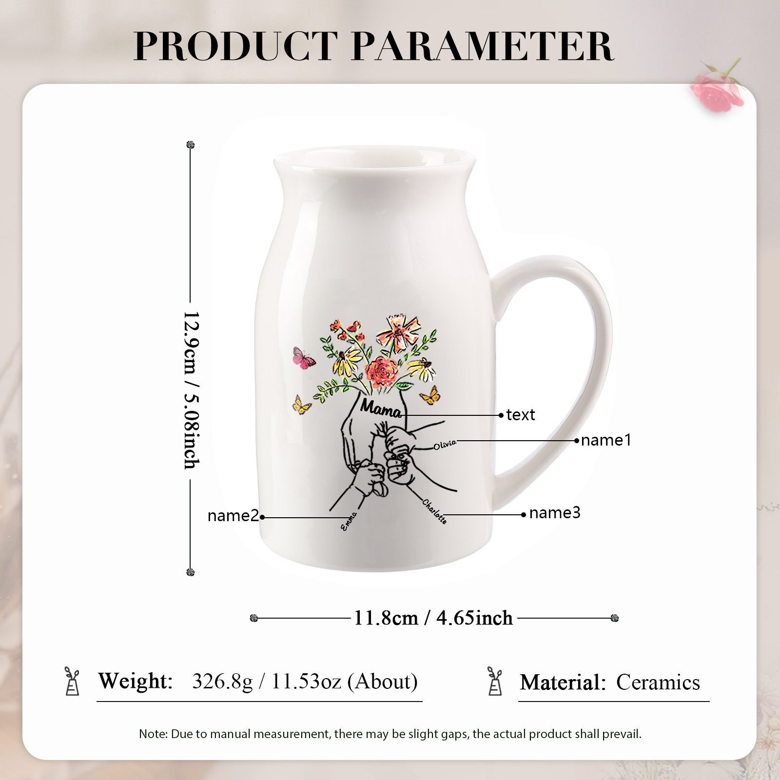 Personalisierte 3 Namen & Text Blumen Hand in Hand Familie Vase Geschenk für Mama Oma 