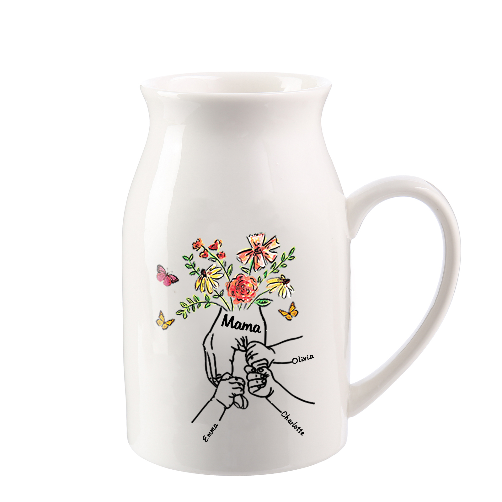 Personalisierte 3 Namen & Text Blumen Hand in Hand Familie Vase Geschenk für Mama Oma 