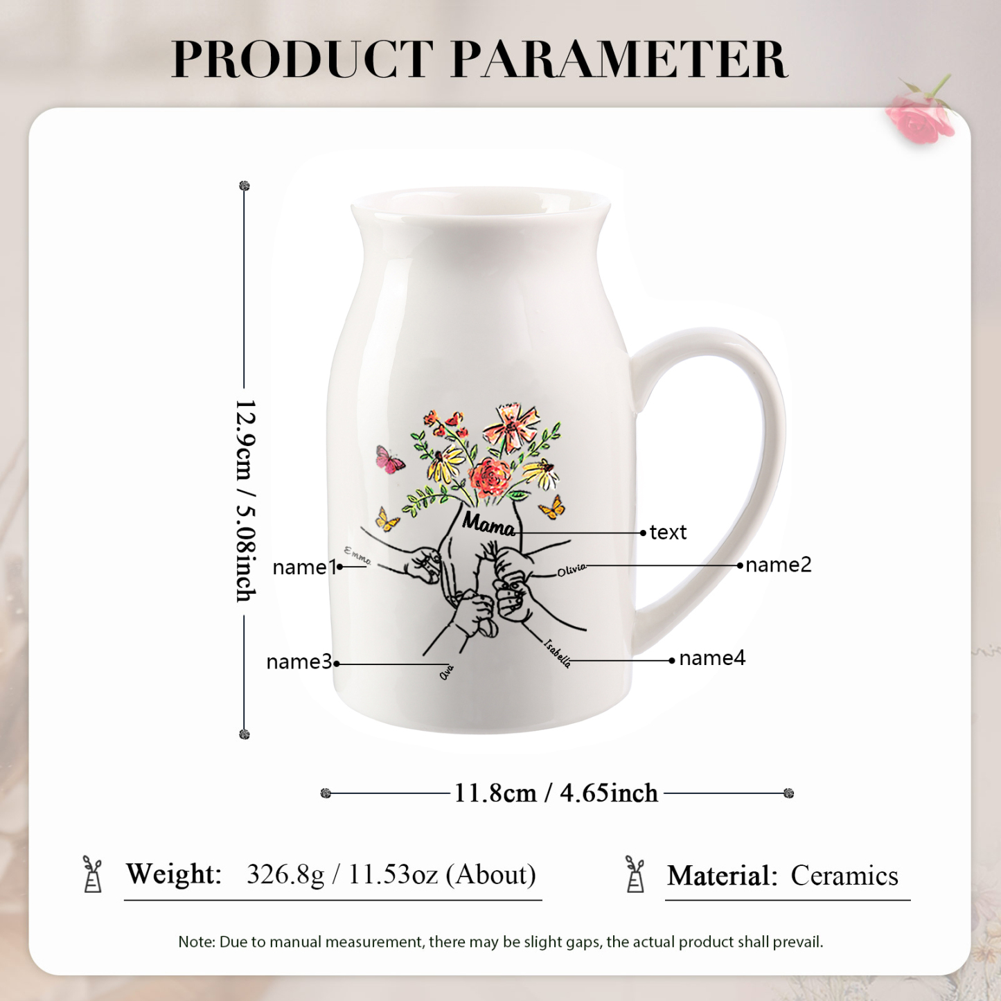 Personalisierte 4 Namen & Text Blumen Hand in Hand Familie Vase Geschenk für Mama Oma