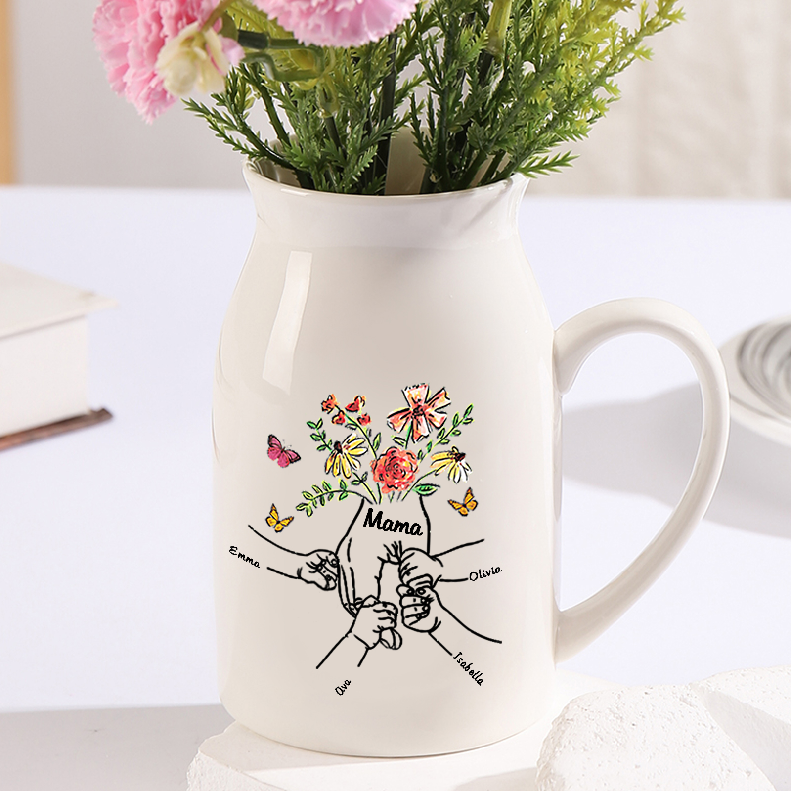 Personalisierte 4 Namen & Text Blumen Hand in Hand Familie Vase Geschenk für Mama Oma 