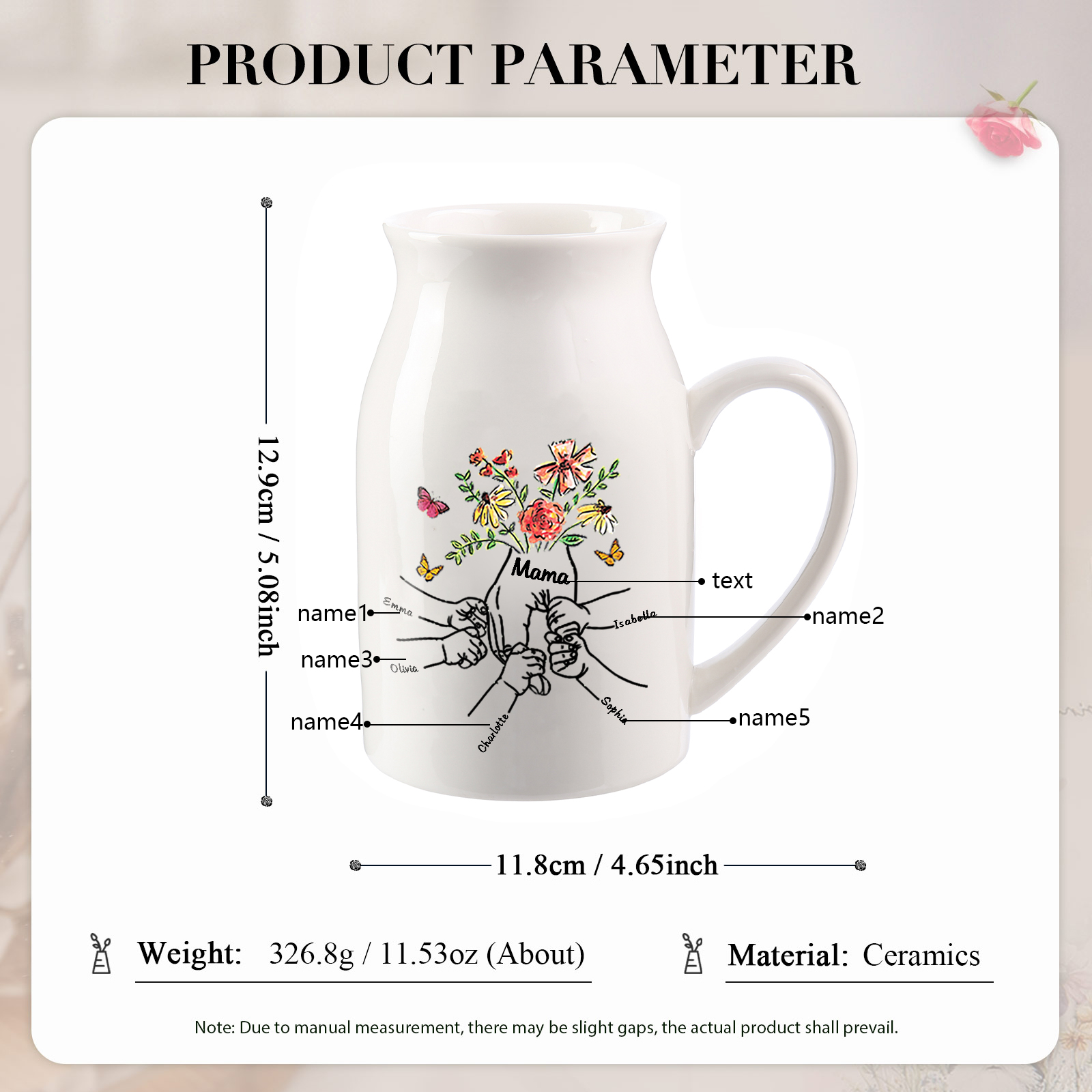 Personalisierte 5 Namen & Text Blumen Hand in Hand Familie Vase Geschenk für Mama Oma 