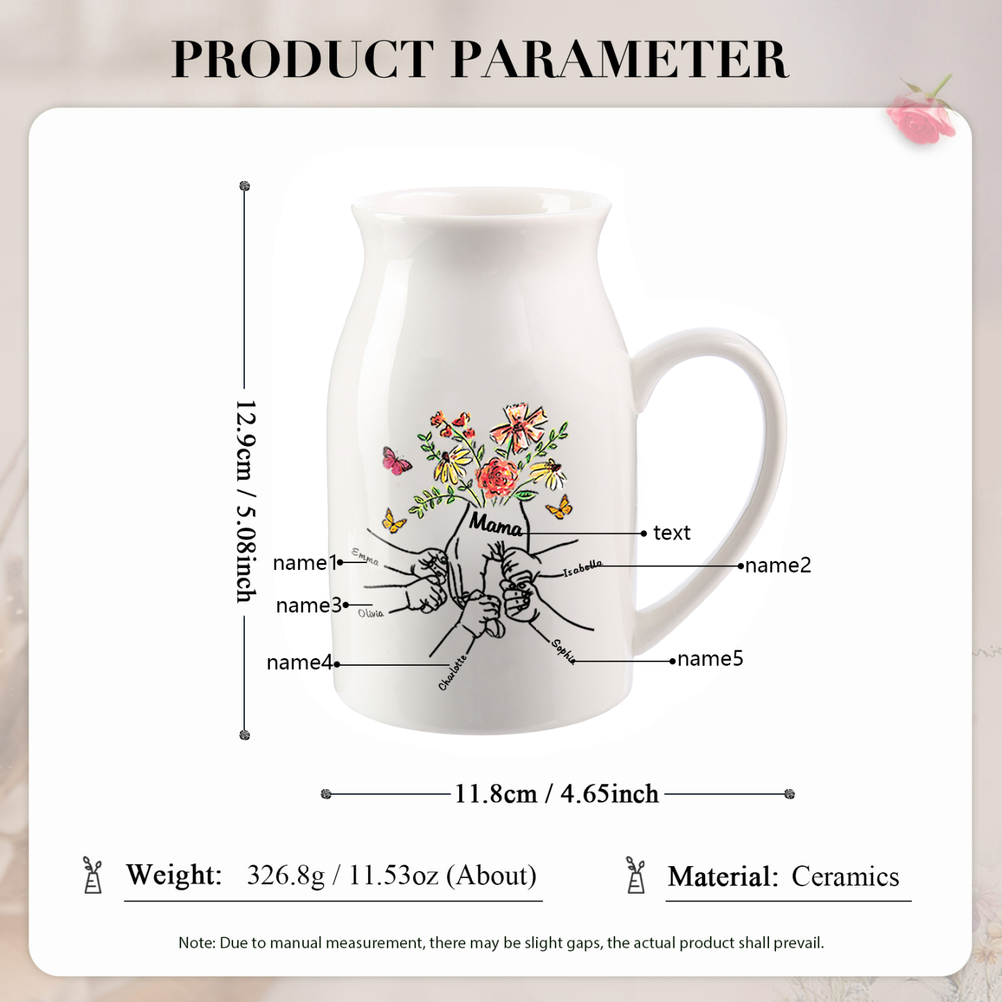 Personalisierte 5 Namen & Text Blumen Hand in Hand Familie Vase Geschenk für Mama Oma 