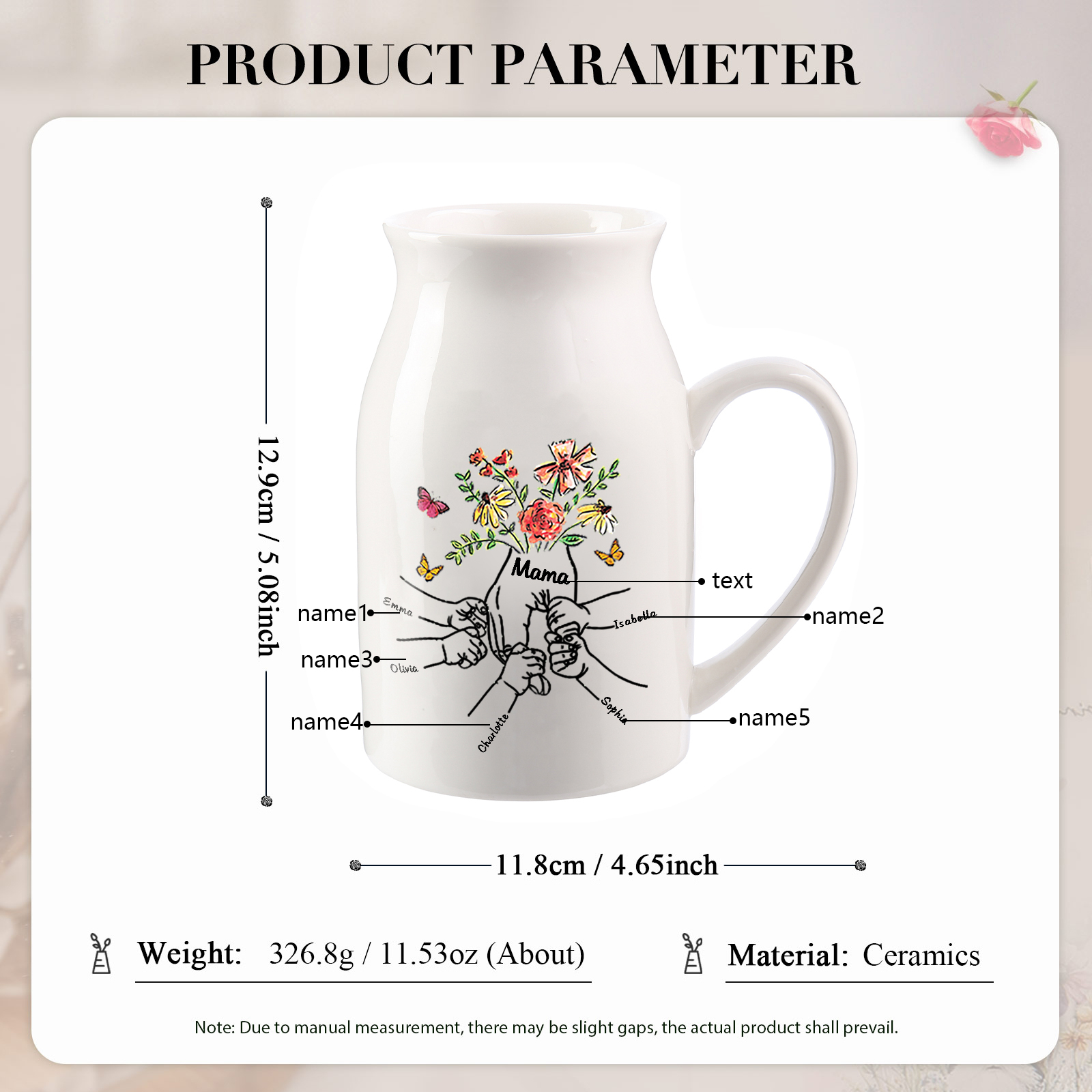 Personalisierte 5 Namen & Text Blumen Hand in Hand Familie Vase Geschenk für Mama Oma 