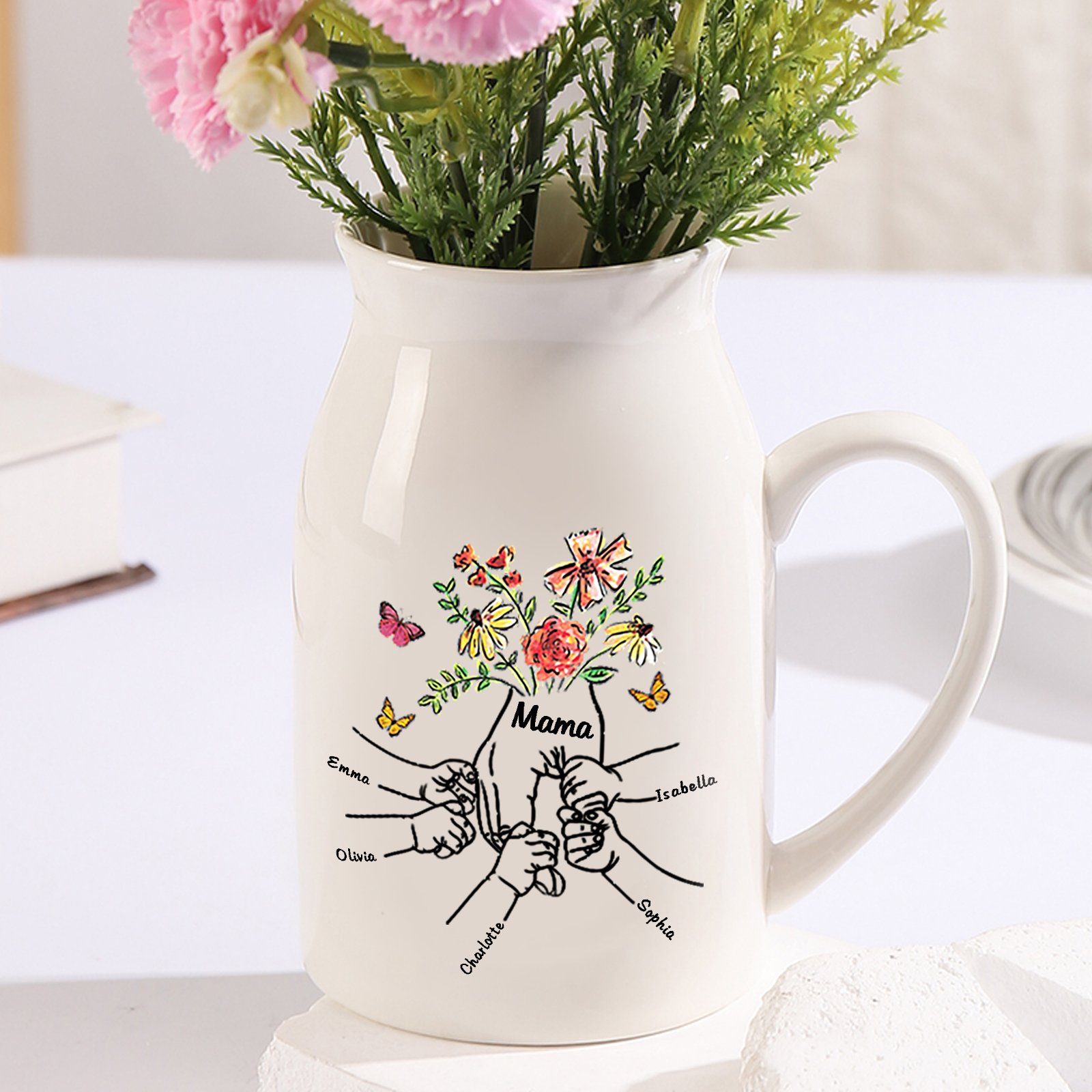 Personalisierte 5 Namen & Text Blumen Hand in Hand Familie Vase Geschenk für Mama Oma 