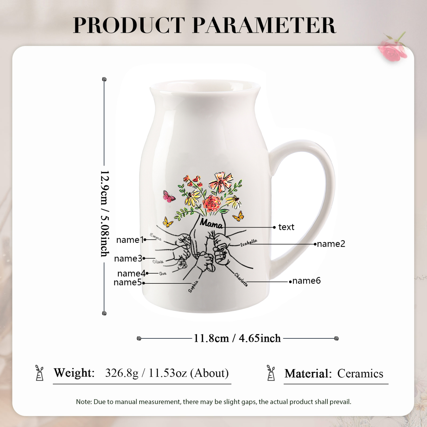 Personalisierte 6 Namen & Text Blumen Hand in Hand Familie Vase Geschenk für Mama Oma