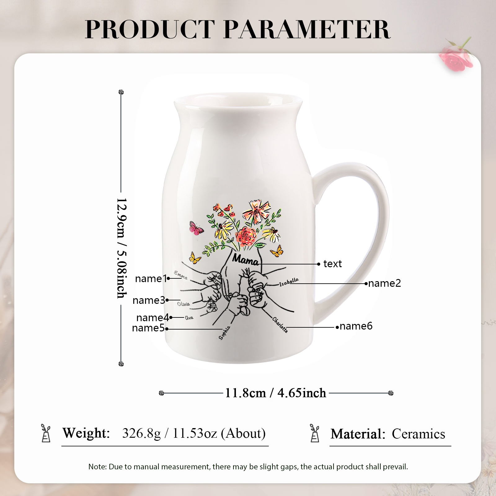 Personalisierte 6 Namen & Text Blumen Hand in Hand Familie Vase Geschenk für Mama Oma 