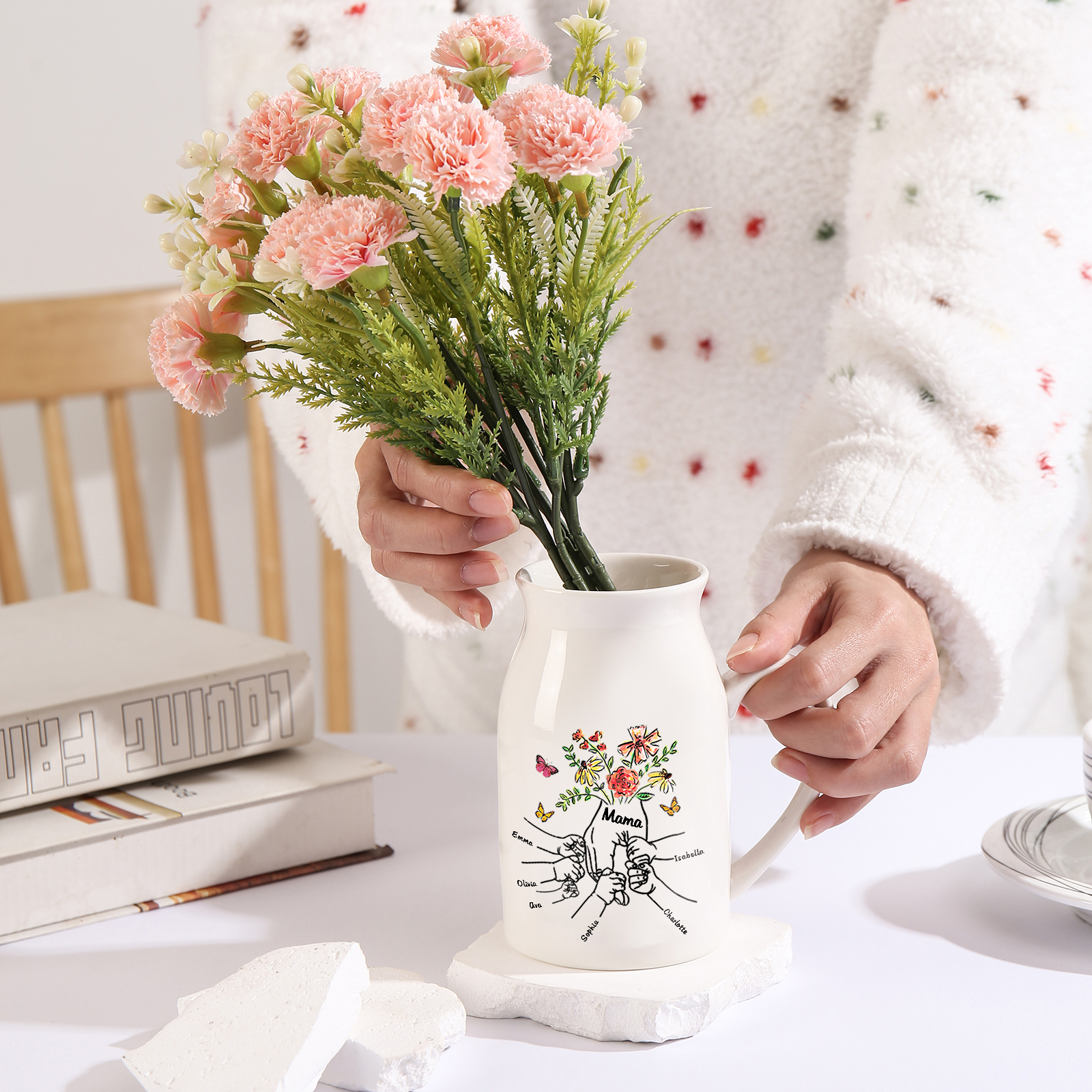 Personalisierte 6 Namen & Text Blumen Hand in Hand Familie Vase Geschenk für Mama Oma 