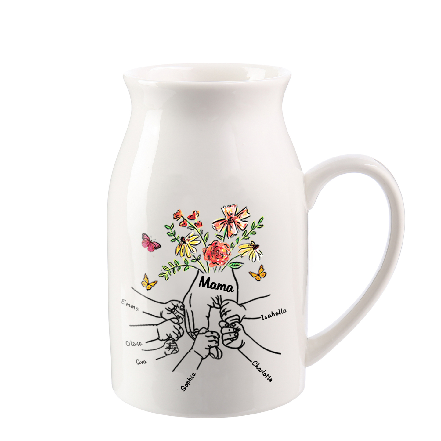 Personalisierte 6 Namen & Text Blumen Hand in Hand Familie Vase Geschenk für Mama Oma