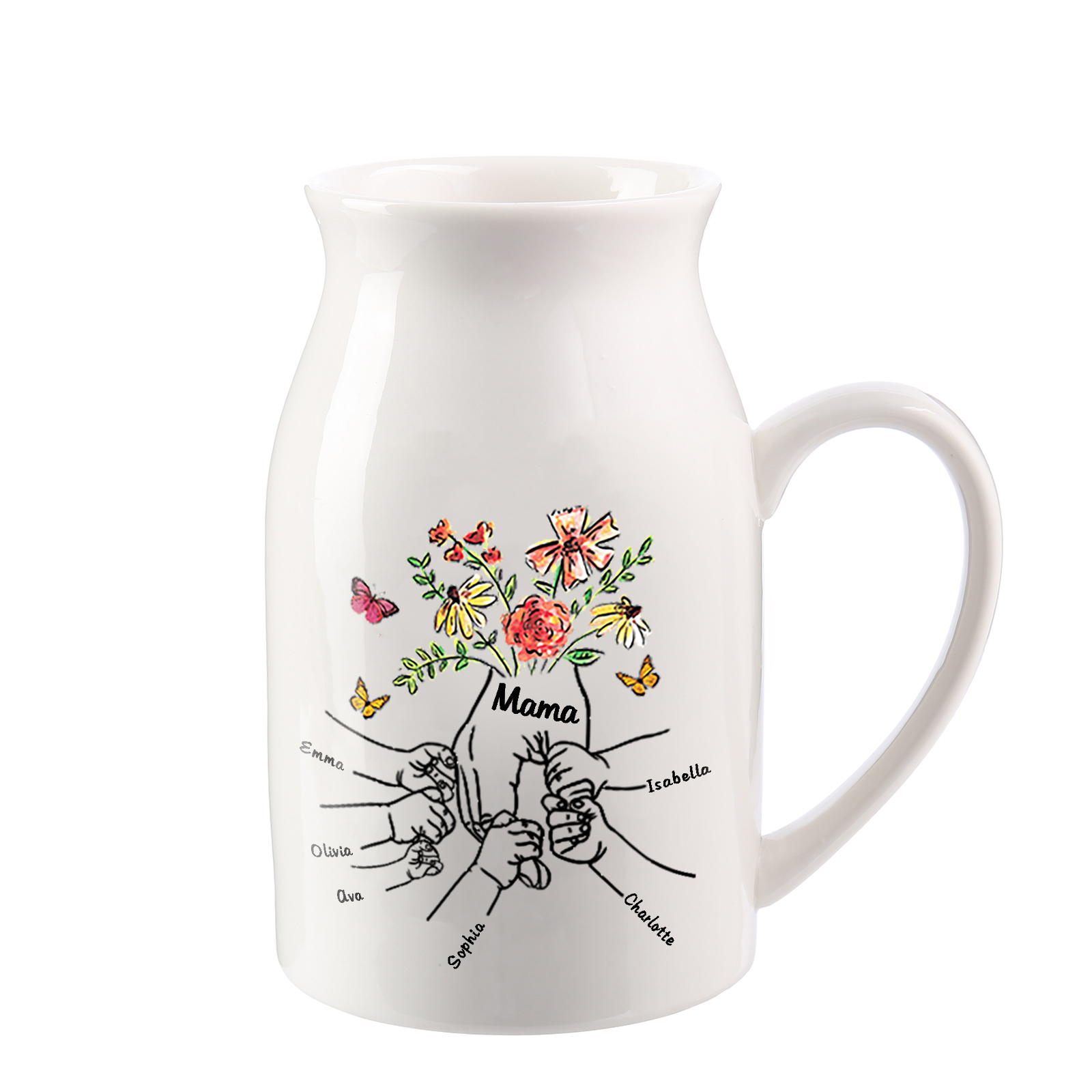Personalisierte 6 Namen & Text Blumen Hand in Hand Familie Vase Geschenk für Mama Oma