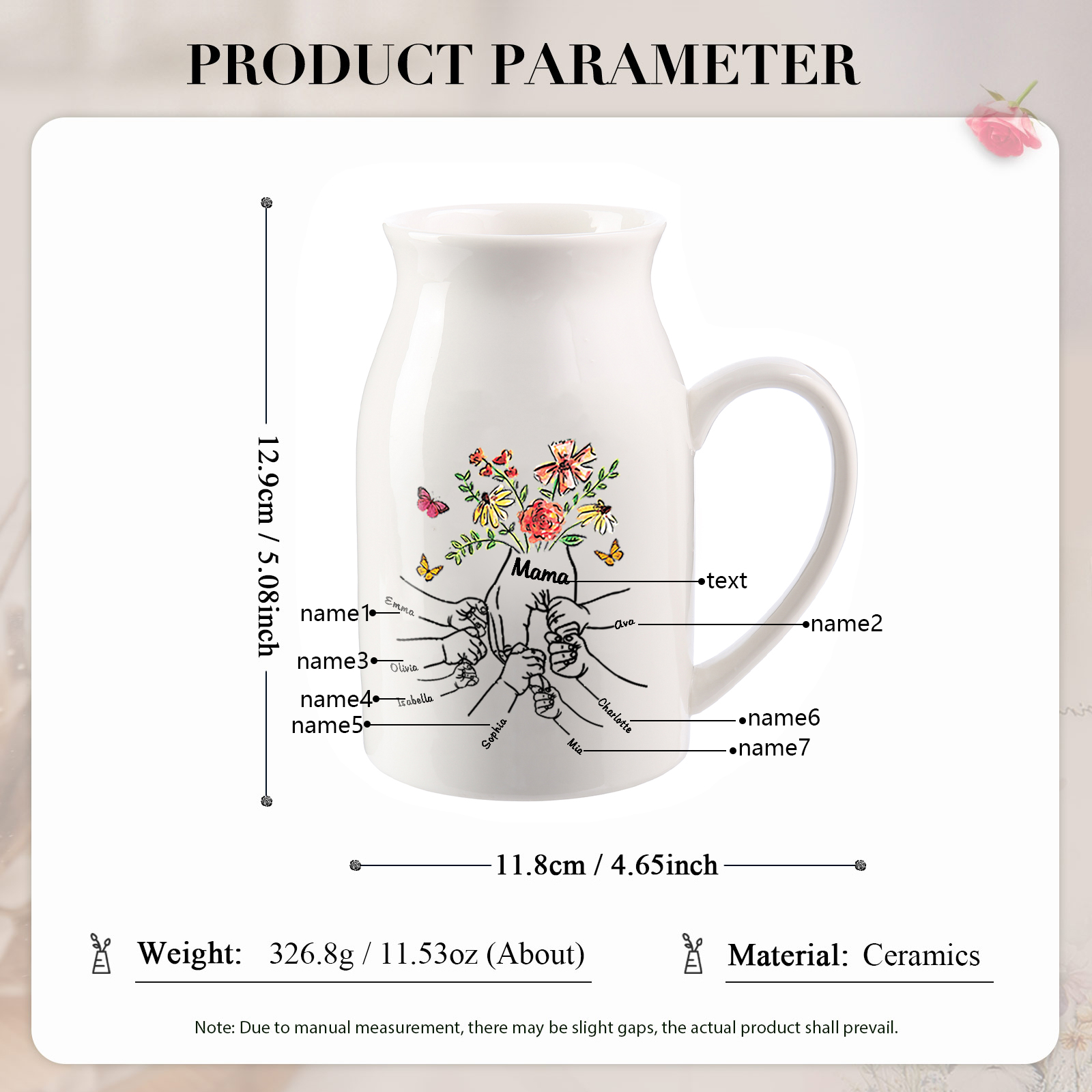 Personalisierte 7 Namen & Text Blumen Hand in Hand Familie Vase Geschenk für Mama Oma 