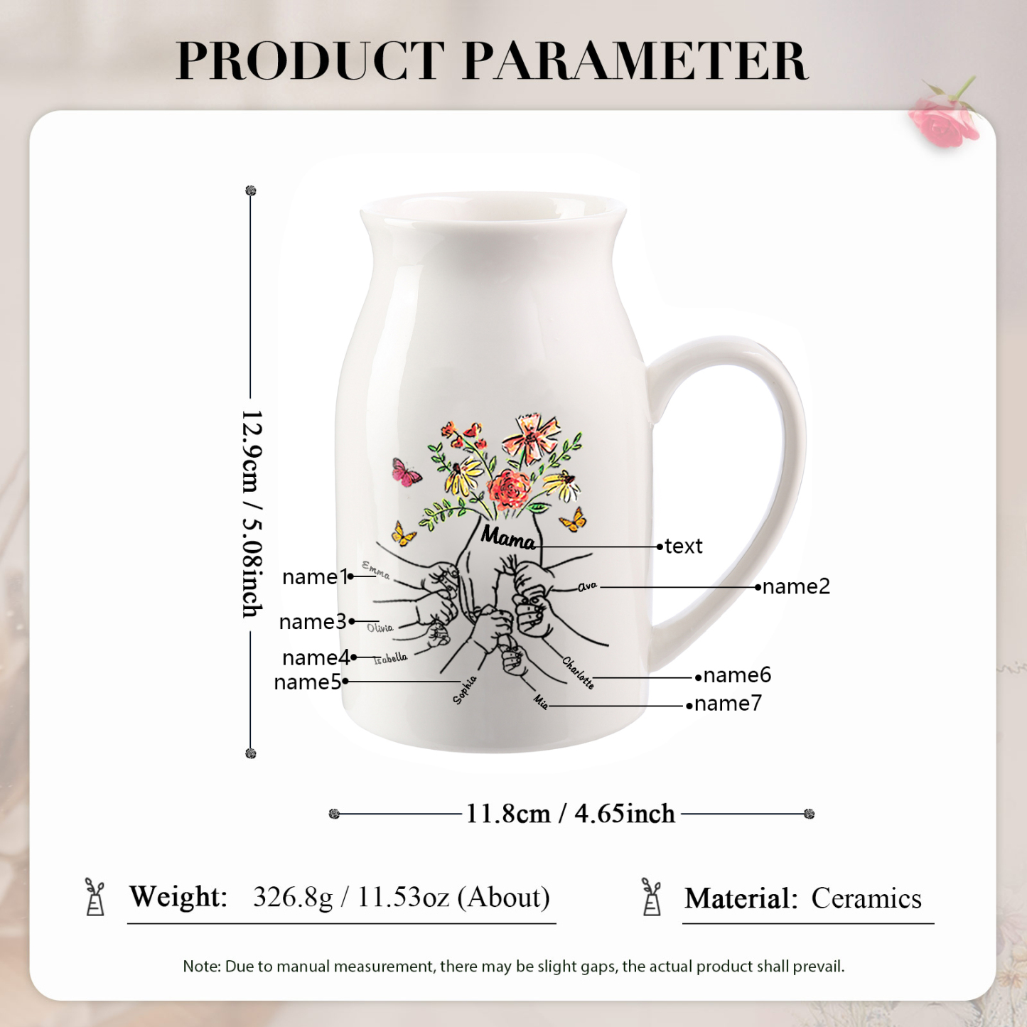 Personalisierte 7 Namen & Text Blumen Hand in Hand Familie Vase Geschenk für Mama Oma 