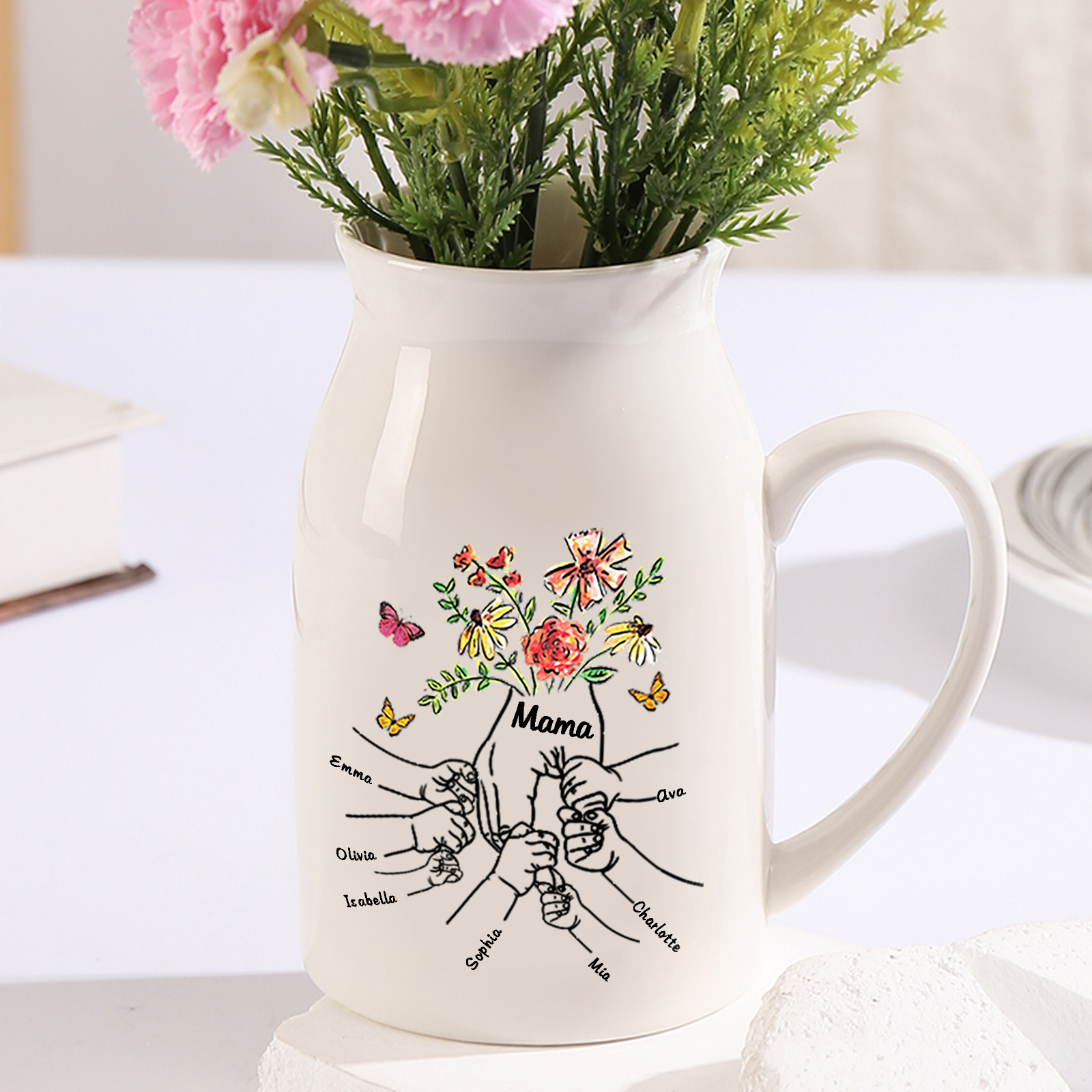 Personalisierte 7 Namen & Text Blumen Hand in Hand Familie Vase Gesche