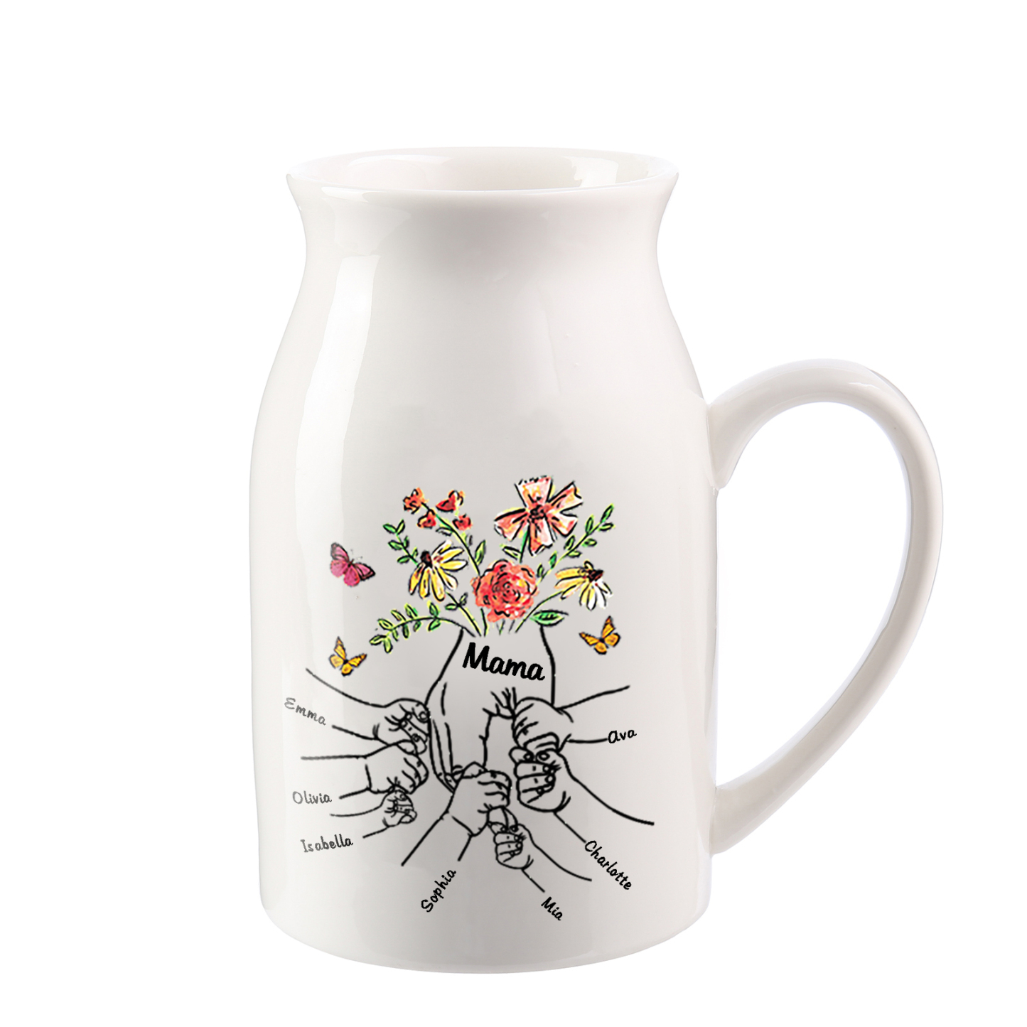 Personalisierte 7 Namen & Text Blumen Hand in Hand Familie Vase Geschenk für Mama Oma 