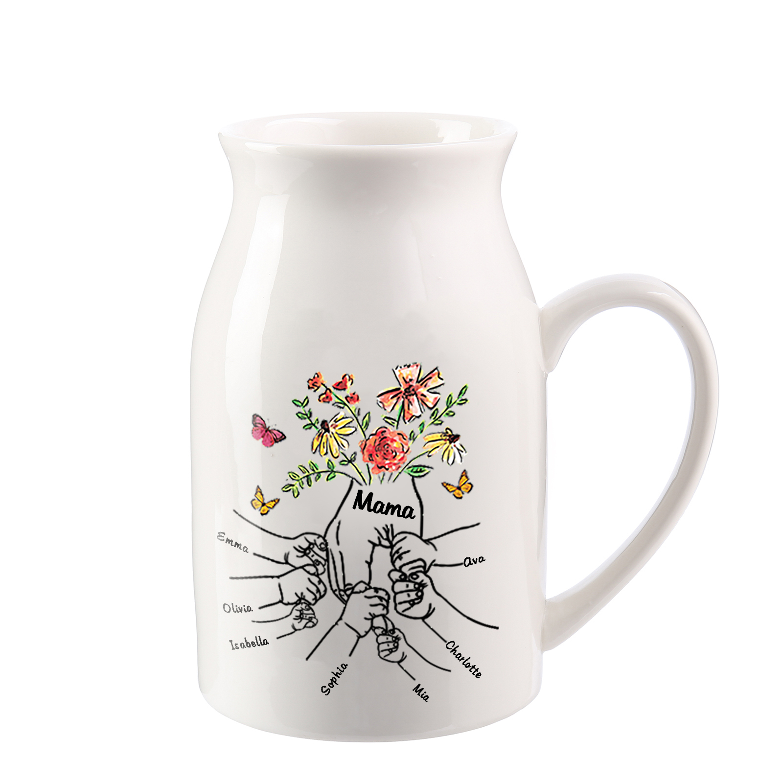 Personalisierte 7 Namen & Text Blumen Hand in Hand Familie Vase Geschenk für Mama Oma 