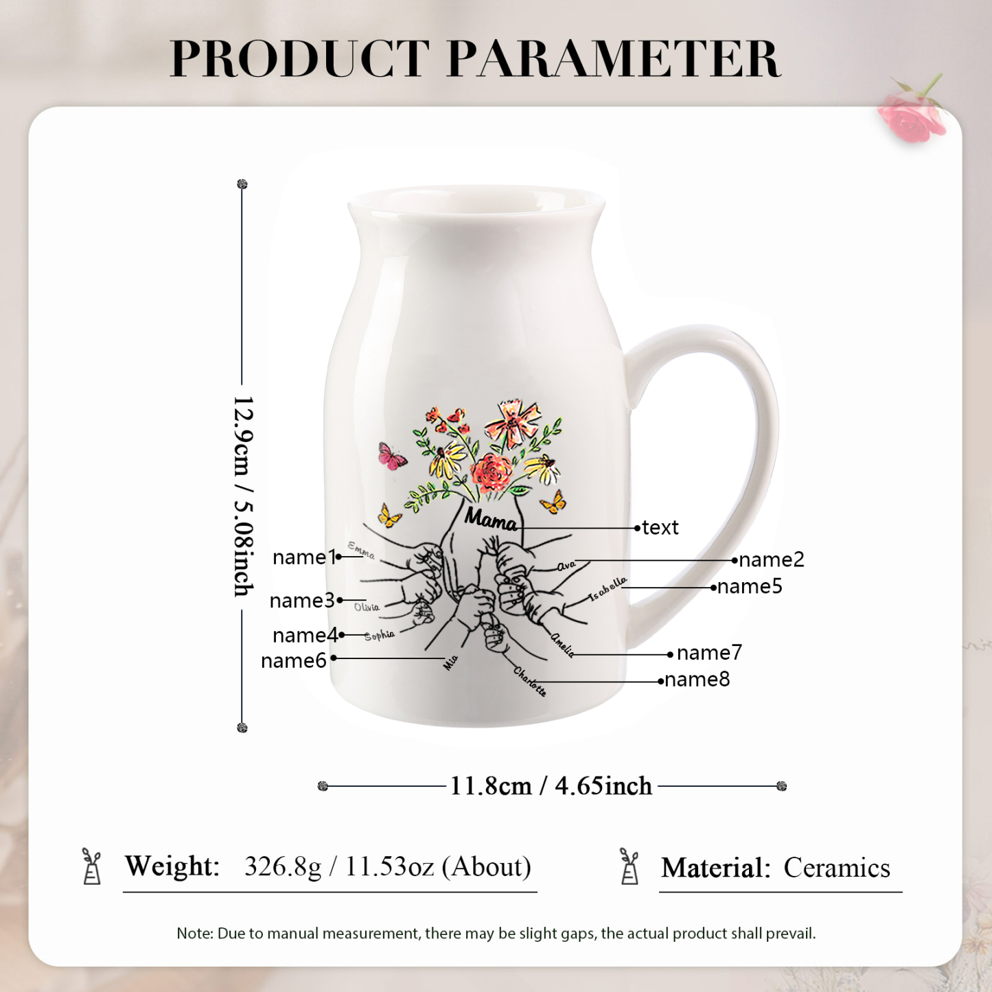 Personalisierte 8 Namen & Text Blumen Hand in Hand Familie Vase Geschenk für Mama Oma