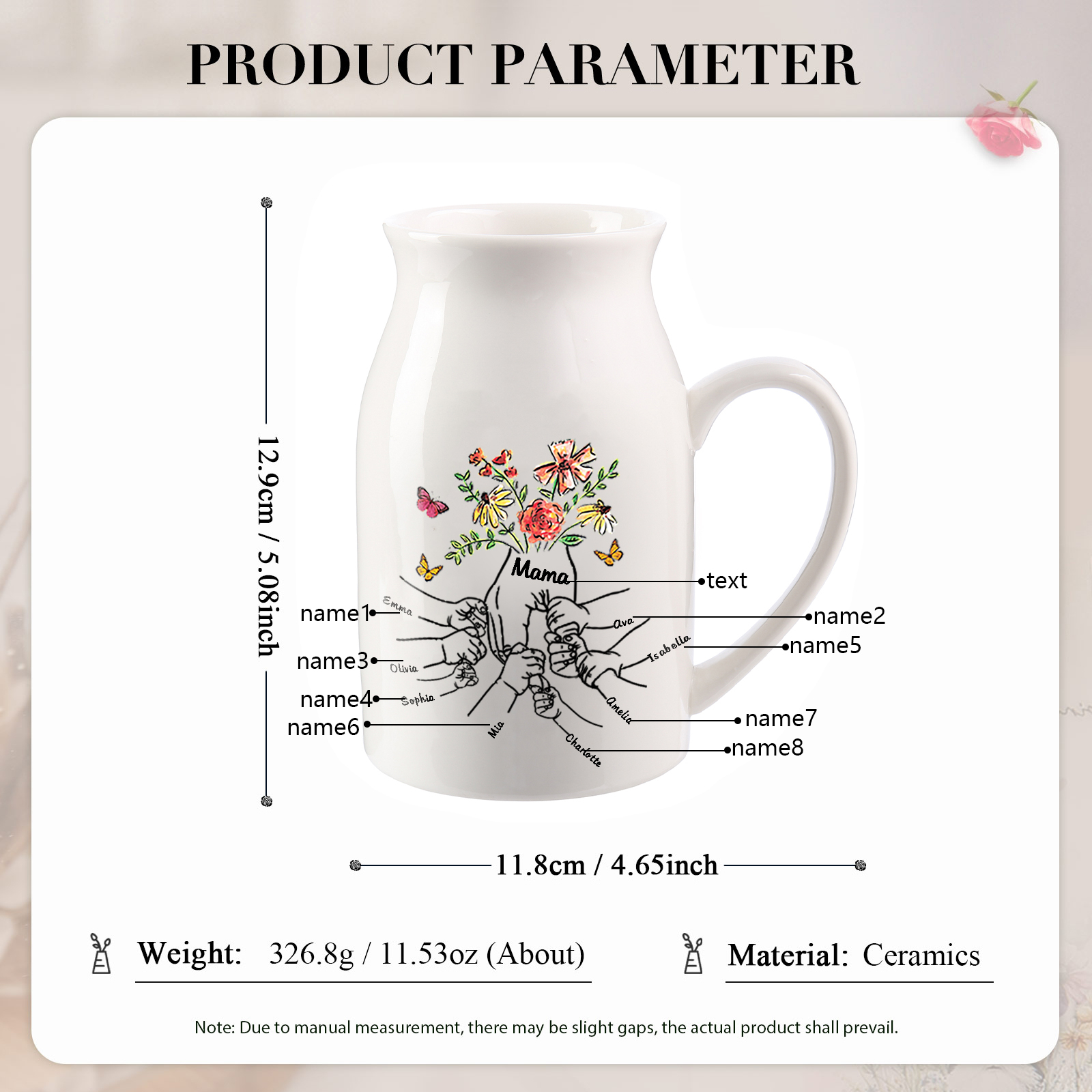 Personalisierte 8 Namen & Text Blumen Hand in Hand Familie Vase Geschenk für Mama Oma