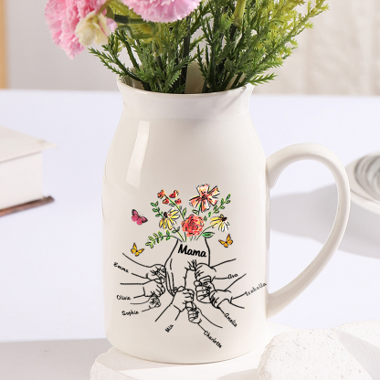 Personalisierte 8 Namen & Text Blumen Hand in Hand Familie Vase Gesche