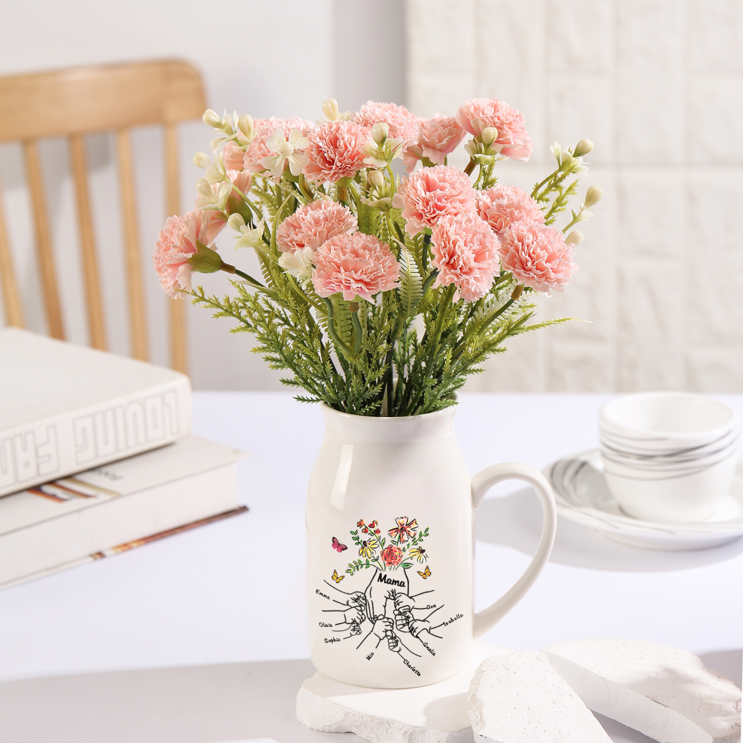 Personalisierte 8 Namen & Text Blumen Hand in Hand Familie Vase Geschenk für Mama Oma