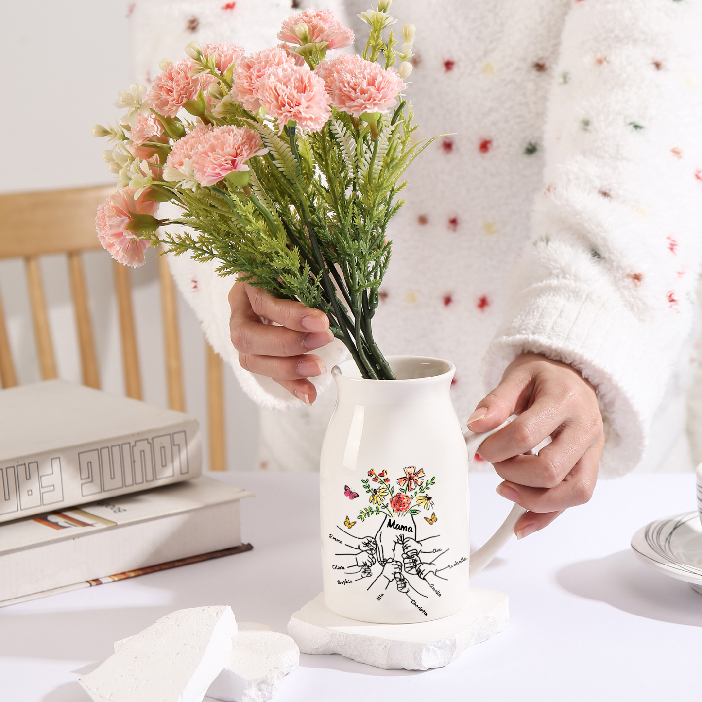 Personalisierte 8 Namen & Text Blumen Hand in Hand Familie Vase Geschenk für Mama Oma 