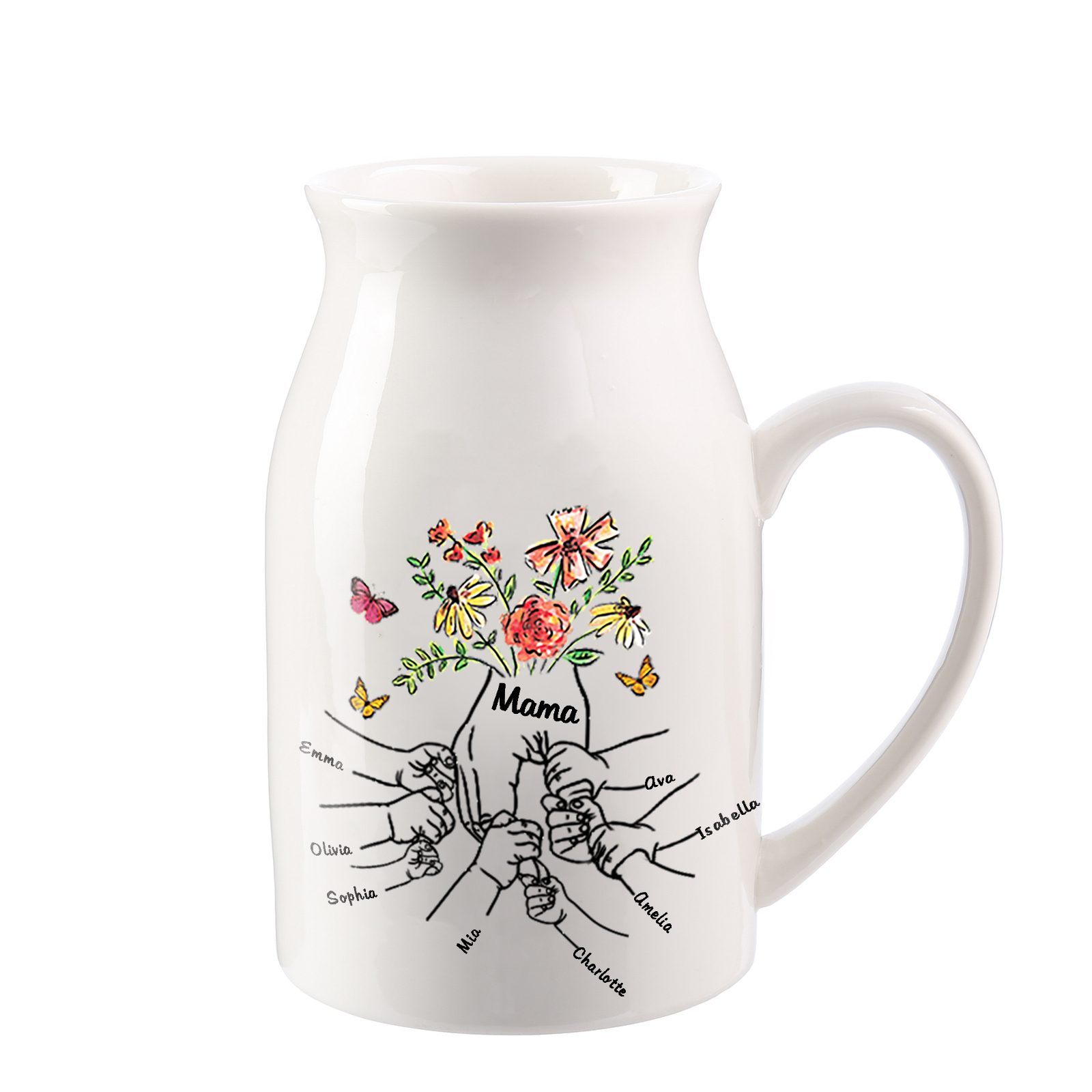 Personalisierte 8 Namen & Text Blumen Hand in Hand Familie Vase Geschenk für Mama Oma