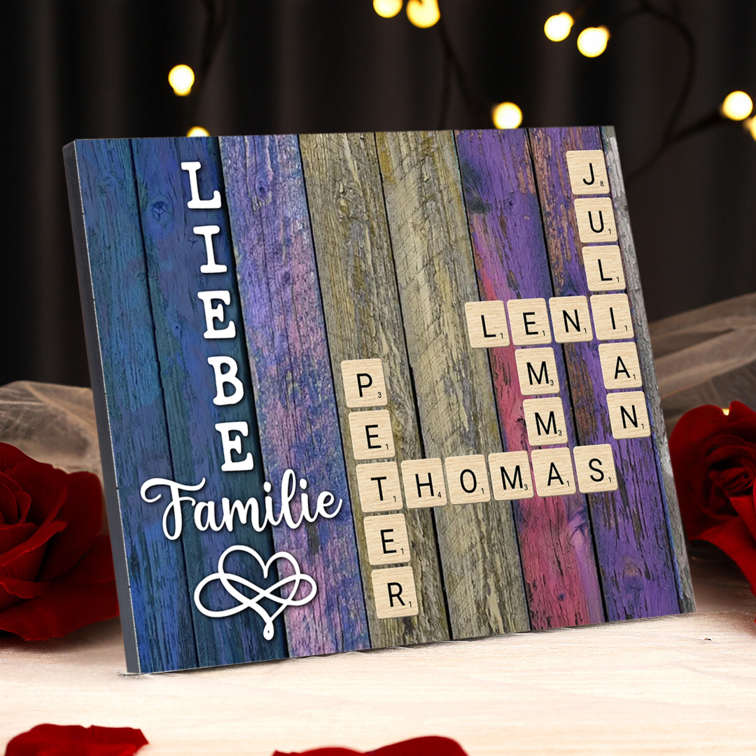 Personalisierte 2-12 Namen Holzbild Rechtsschreibspiel im Kreuzworträtsel-Stil – Liebe Familie – Geschenk für Familie