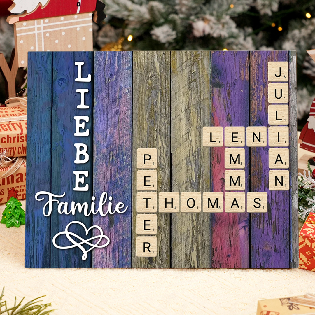 Personalisierte 2-12 Namen Holzbild Rechtsschreibspiel im Kreuzworträtsel-Stil – Liebe Familie – Geschenk für Familie