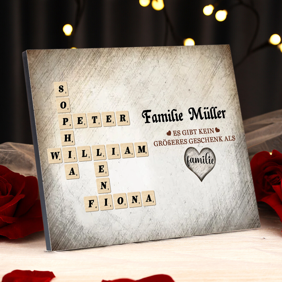 Personalisierte 2-12 Namen & 1 Text Holzbild im Kreuzworträtsel-Stil – Es gibt kein größeres Geschenk als Familie – Geschenk  für Familie