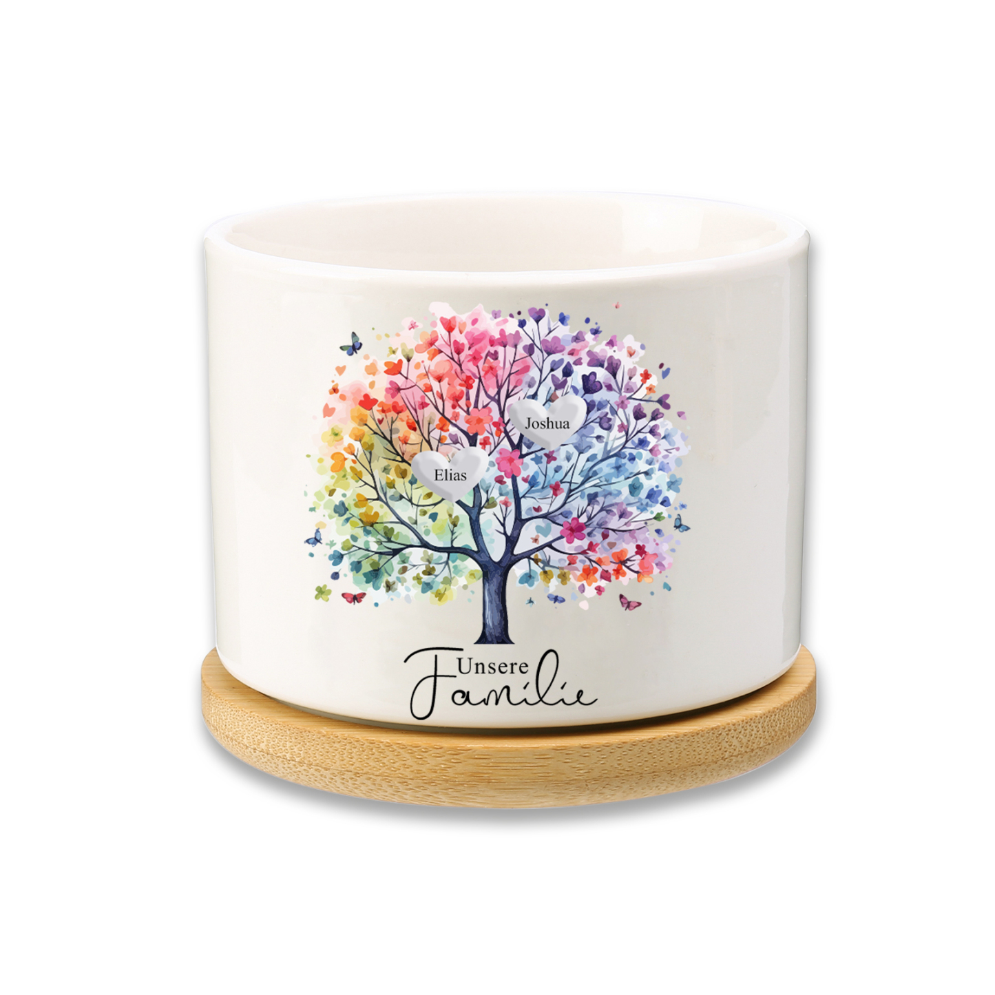 Personalisierbarer Text & 2 Namen vielfarbige Familienbaum Familie Blumentopf