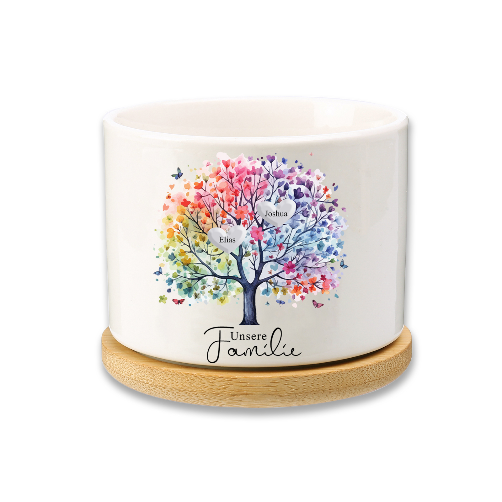 Personalisierbarer Text & 2 Namen vielfarbige Familienbaum Familie Blumentopf
