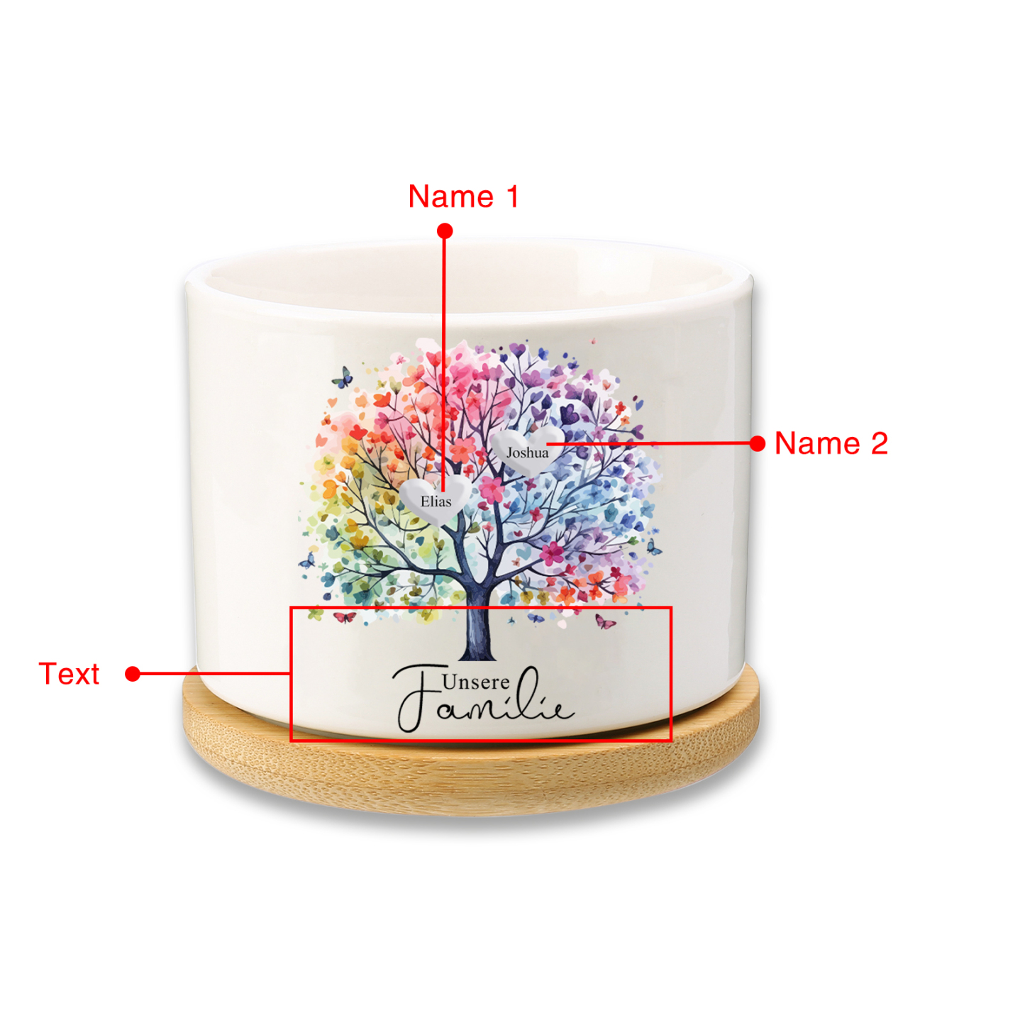 Personalisierbarer Text & 2 Namen vielfarbige Familienbaum Familie Blumentopf
