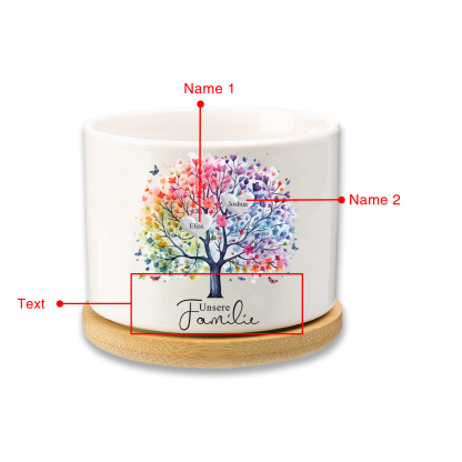 Personalisierbarer Text & 2 Namen vielfarbige Familienbaum Familie Blumentopf