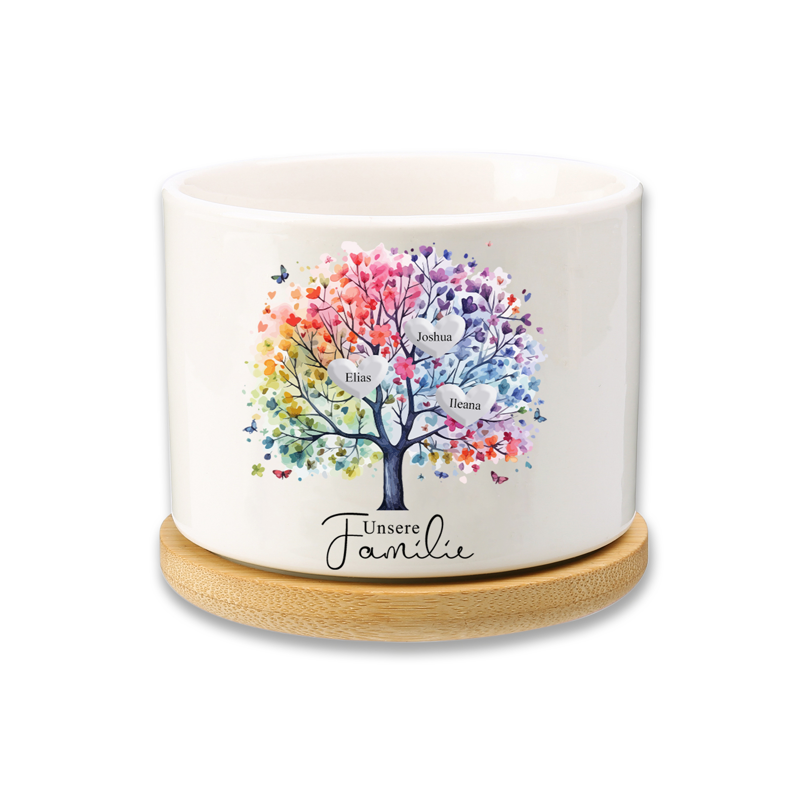 Personalisierbarer Text & 3 Namen vielfarbige Familienbaum Familie Blumentopf