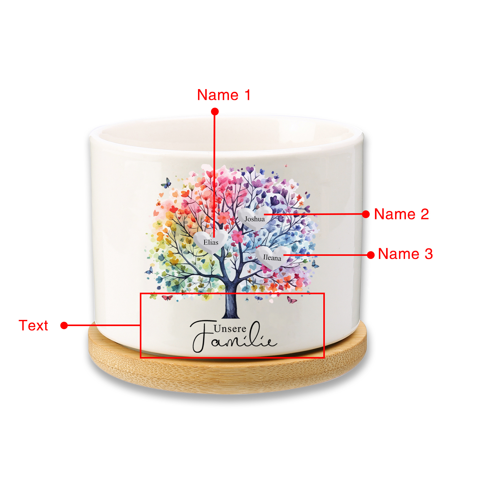 Personalisierbarer Text & 3 Namen vielfarbige Familienbaum Familie Blumentopf