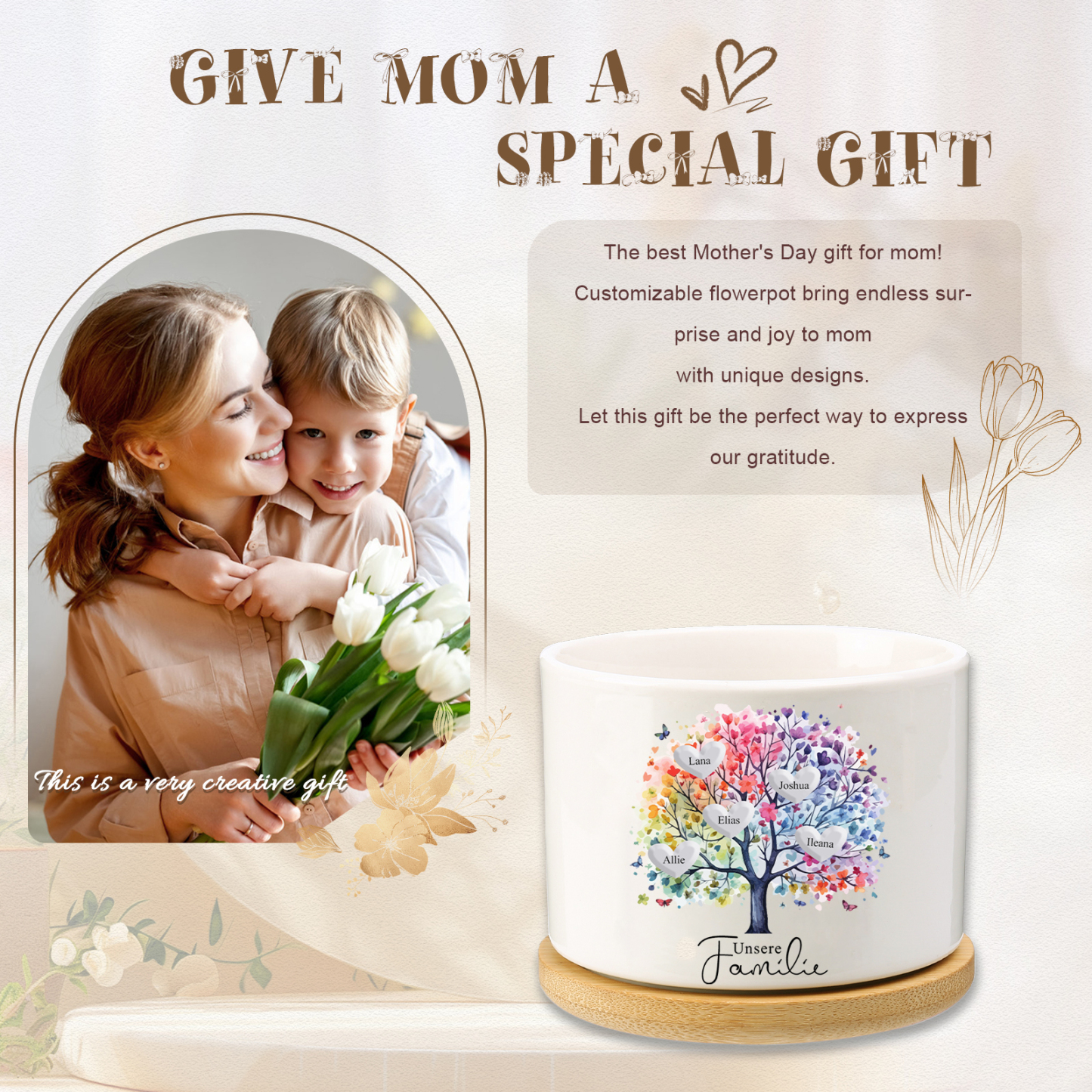 Personalisierbarer Text & 5 Namen vielfarbige Familienbaum Familie Blumentopf