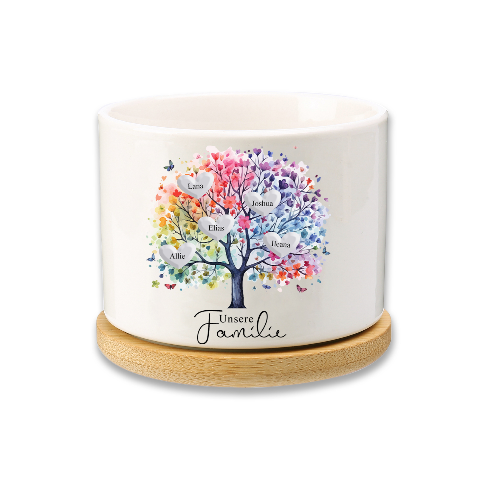 Personalisierbarer Text & 5 Namen vielfarbige Familienbaum Familie Blumentopf