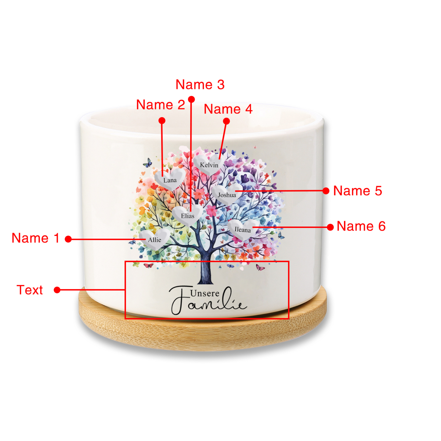 Personalisierbarer Text & 6 Namen vielfarbige Familienbaum Familie Blumentopf
