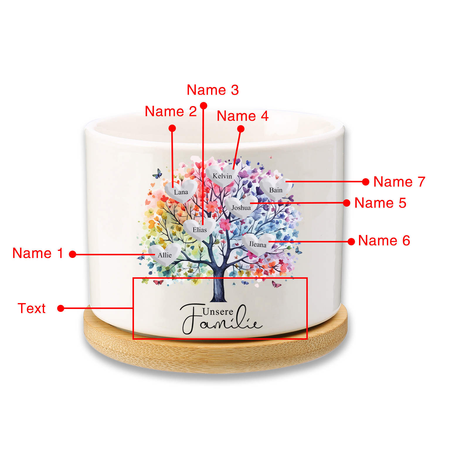 Personalisierbarer Text & 7 Namen vielfarbige Familienbaum Familie Blumentopf