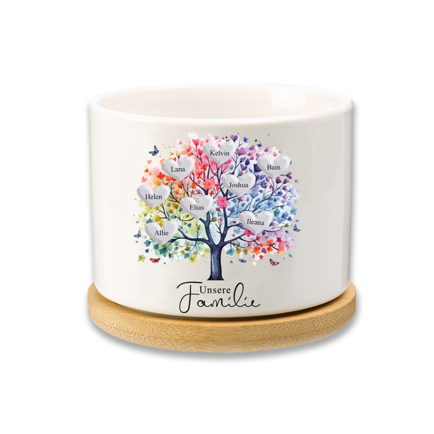 Personalisierbarer Text & 8 Namen vielfarbige Familienbaum Familie Blumentopf
