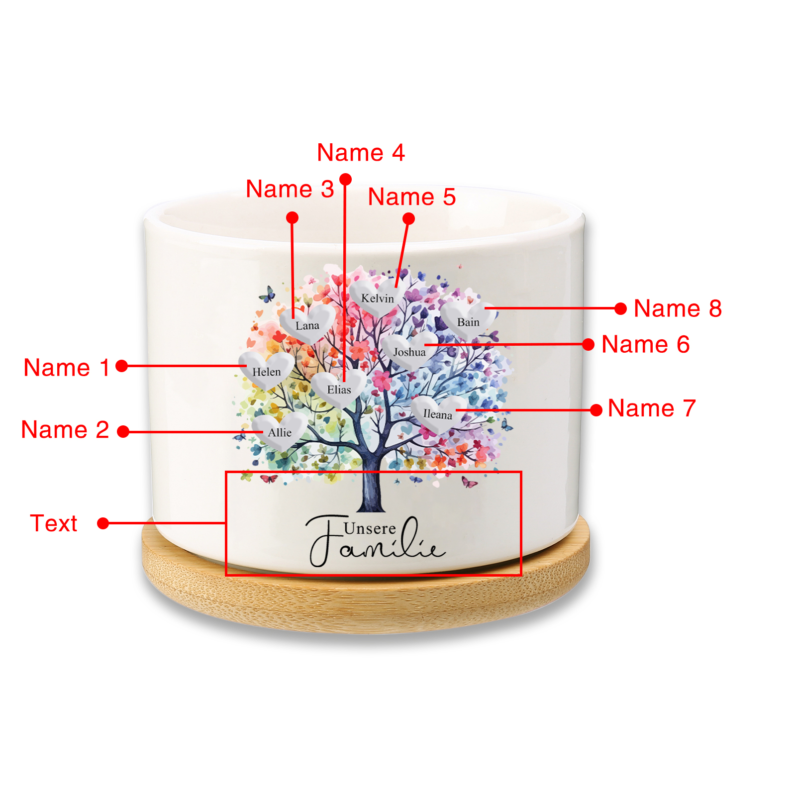 Personalisierbarer Text & 8 Namen vielfarbige Familienbaum Familie Blumentopf