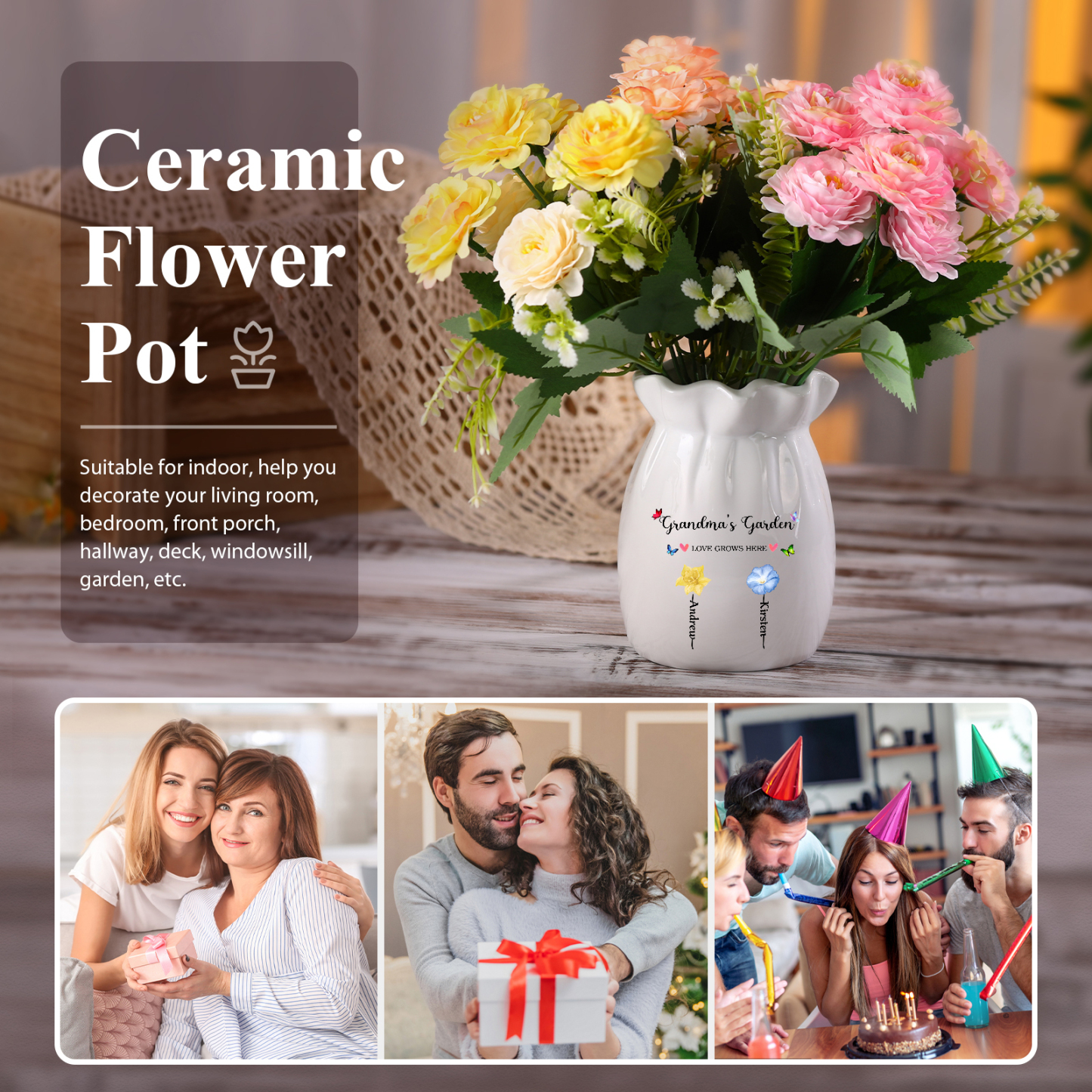 Personalisierte 2 Texte & 2 Namen & 2 Geburtsblumen -Omas Garten-Blumen Vase in 2 Größe für Mama/Oma 