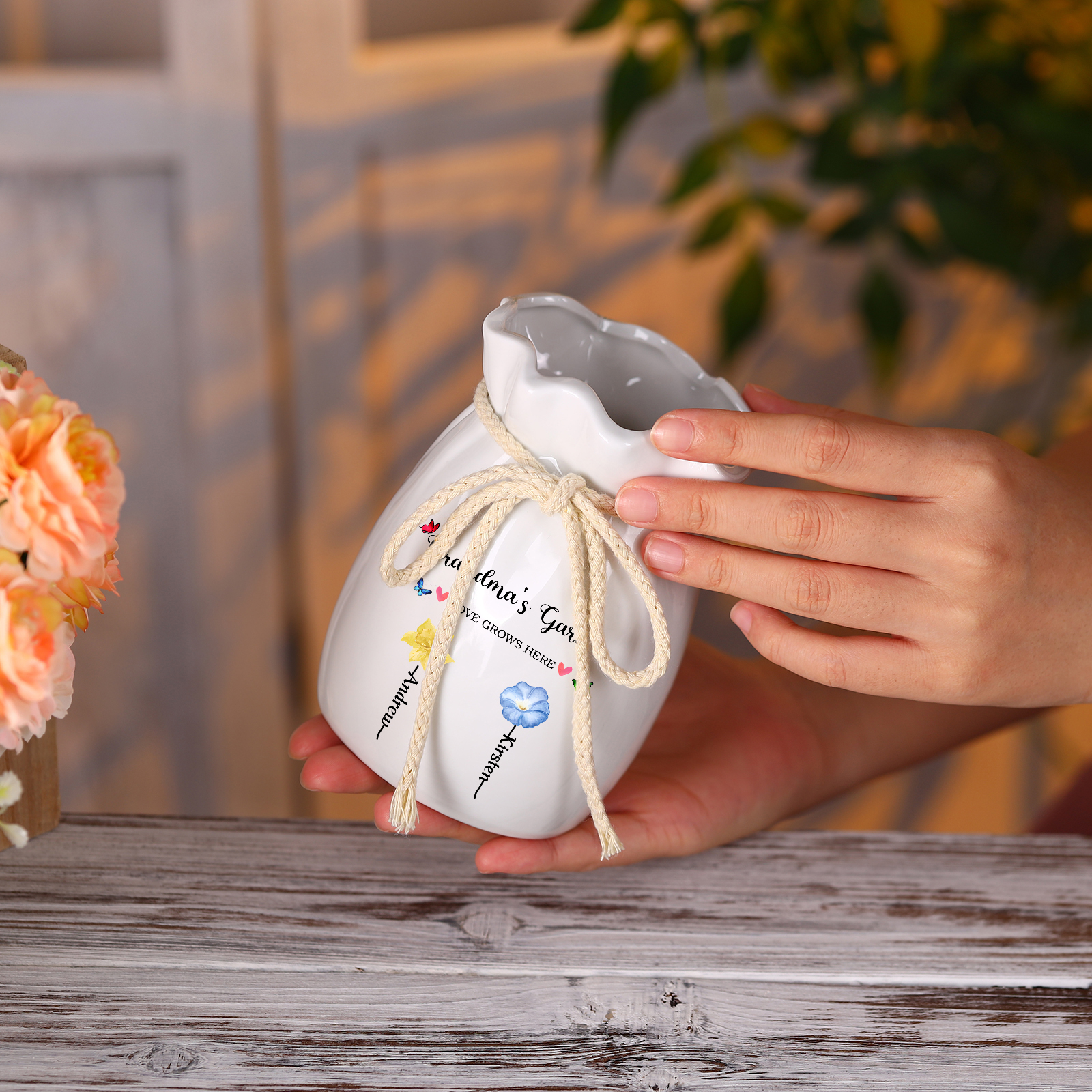 Personalisierte 2 Texte & 2 Namen & 2 Geburtsblumen -Omas Garten-Blumen Vase in 2 Größe für Mama/Oma 