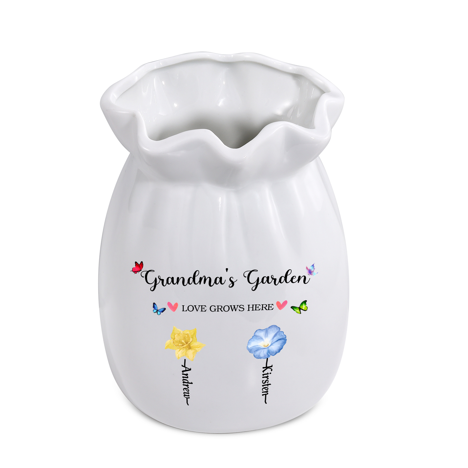 Personalisierte 2 Texte & 2 Namen & 2 Geburtsblumen -Omas Garten-Blumen Vase in 2 Größe für Mama/Oma 