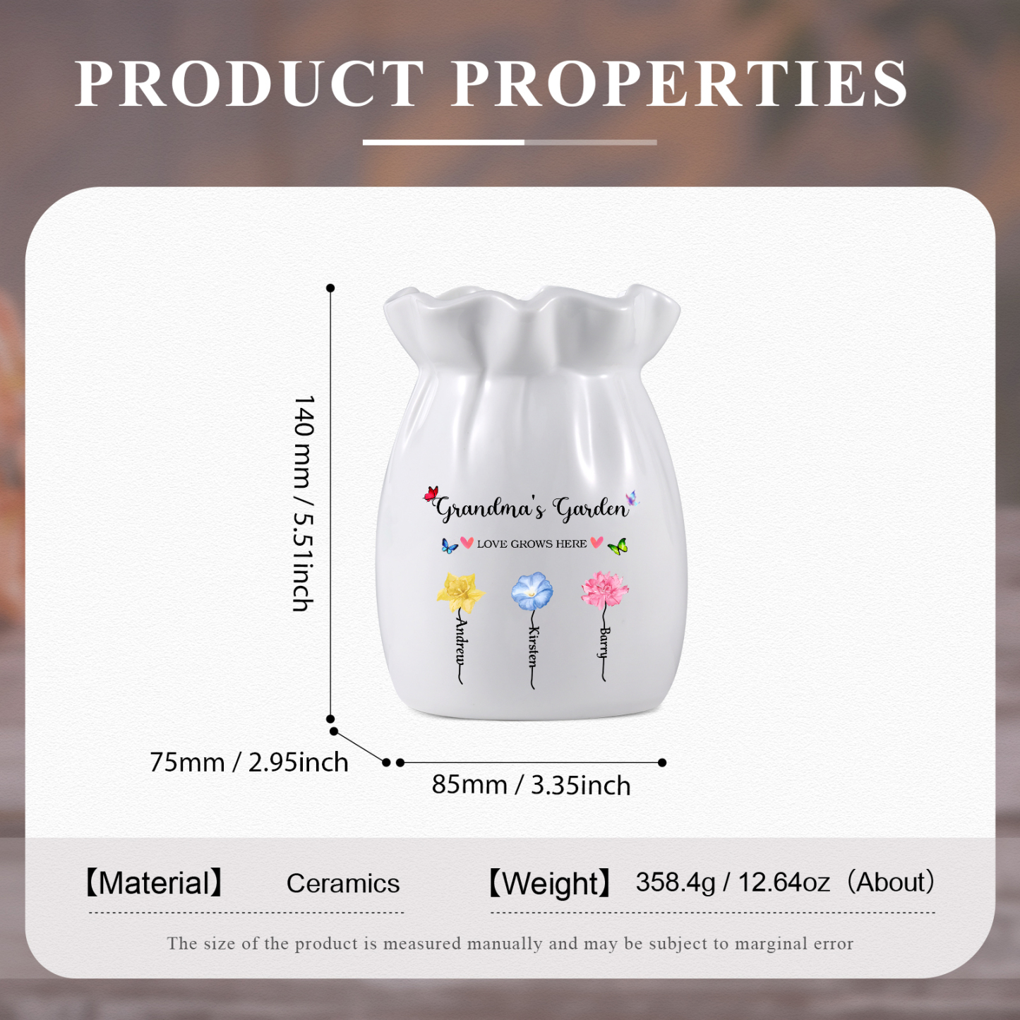 Personalisierte 2 Texte & 3 Namen & 3 Geburtsblumen -Omas Garten-Blumen Vase in 2 Größe für Mama/Oma 