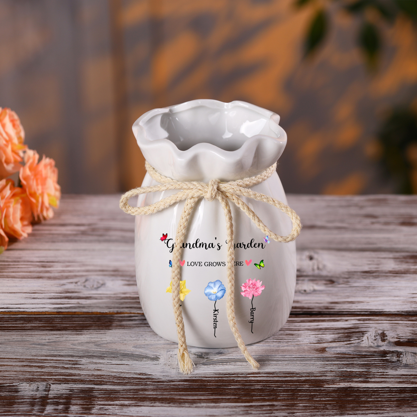 Personalisierte 2 Texte & 3 Namen & 3 Geburtsblumen -Omas Garten-Blumen Vase in 2 Größe für Mama/Oma 