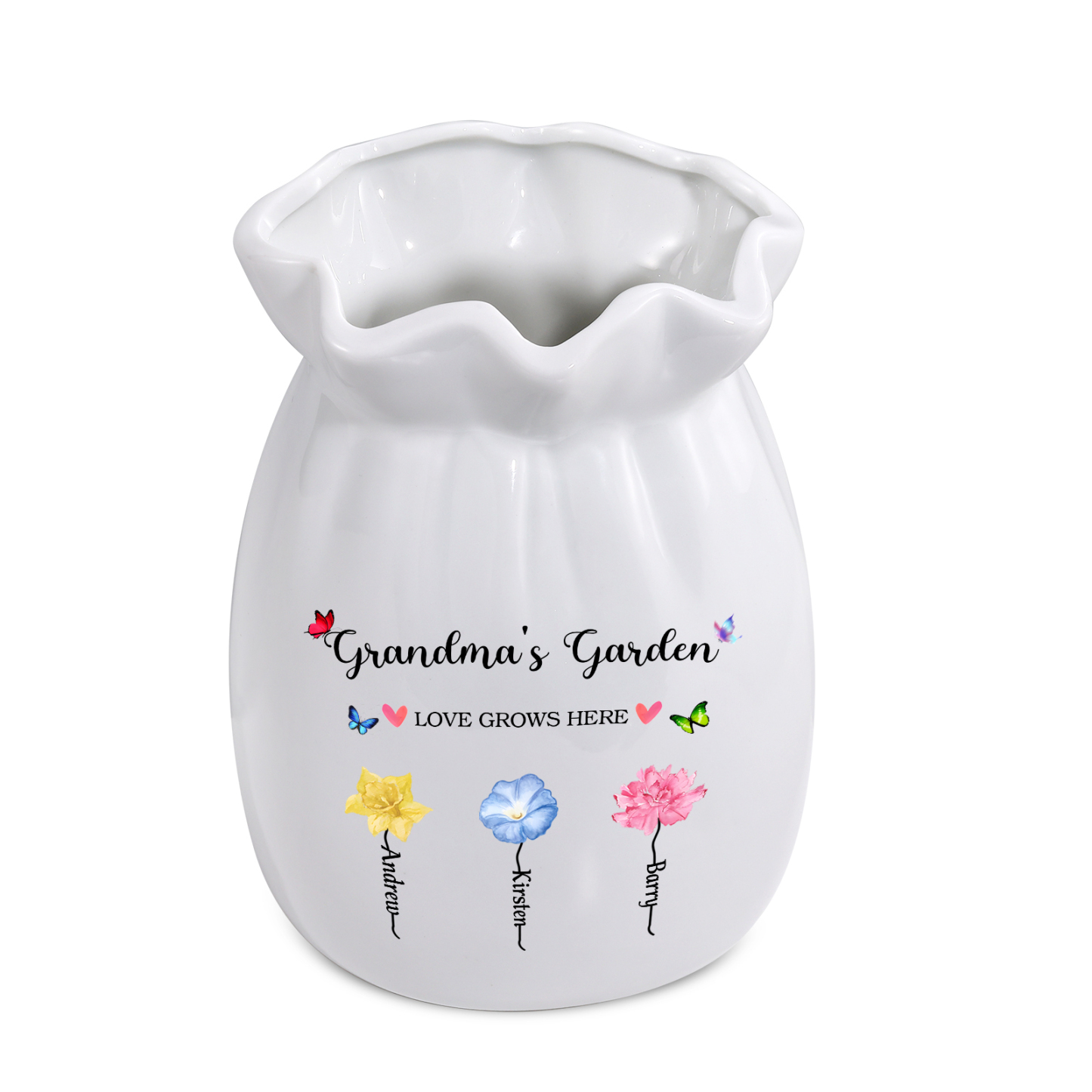Personalisierte 2 Texte & 3 Namen & 3 Geburtsblumen -Omas Garten-Blumen Vase in 2 Größe für Mama/Oma 