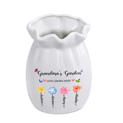 Personalisierte 2 Texte & 4 Namen & 4 Geburtsblumen -Omas Garten-Blumen Vase in 2 Größe für Mama/Oma 